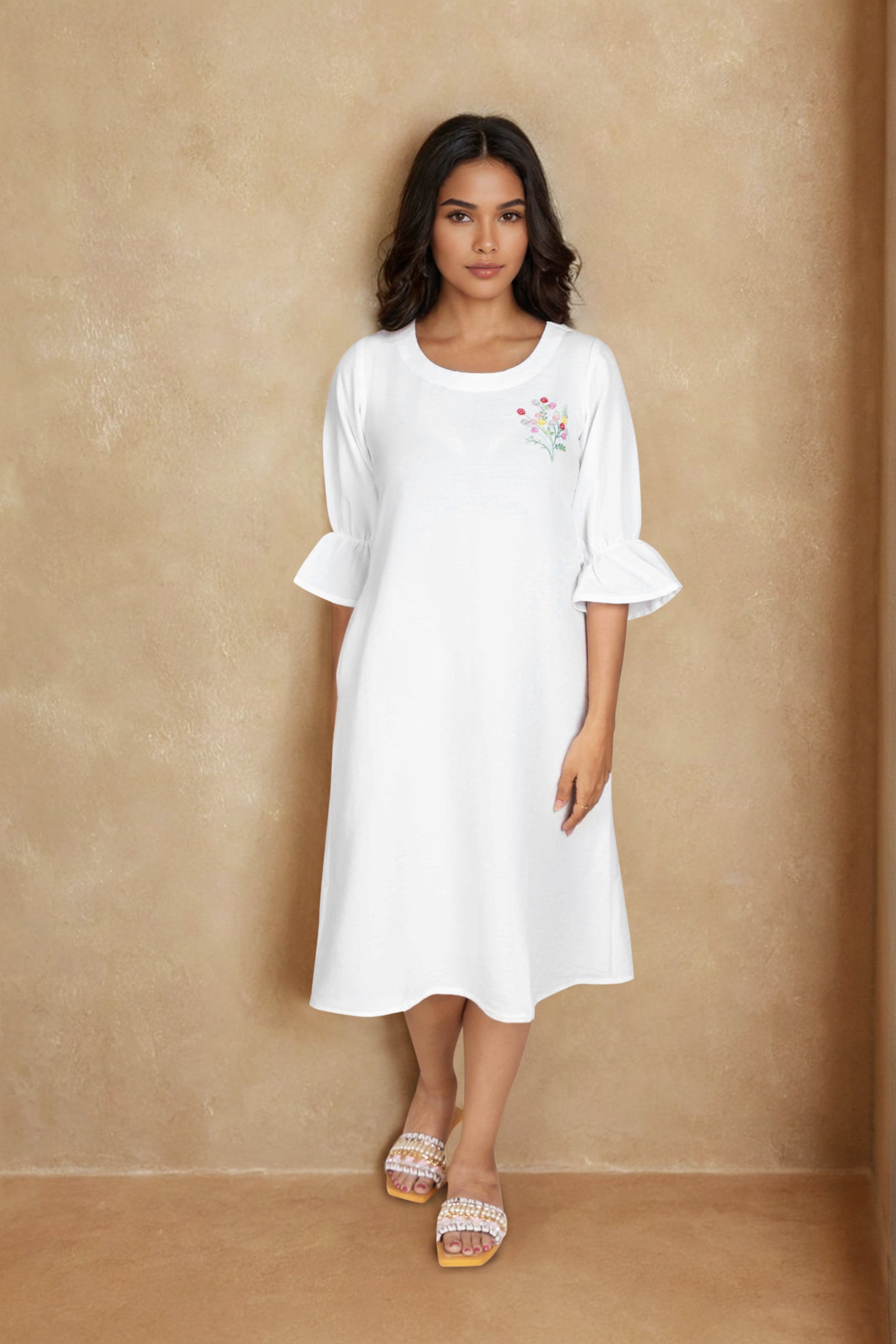 White Linen Midi Dress with Sleeve Frill and Embroidery