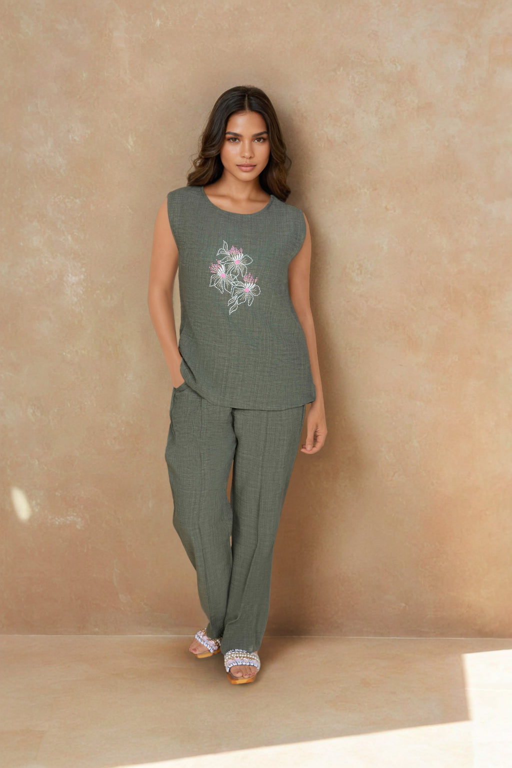 Olive Green Linen Co-ord Set with Floral Embroidery