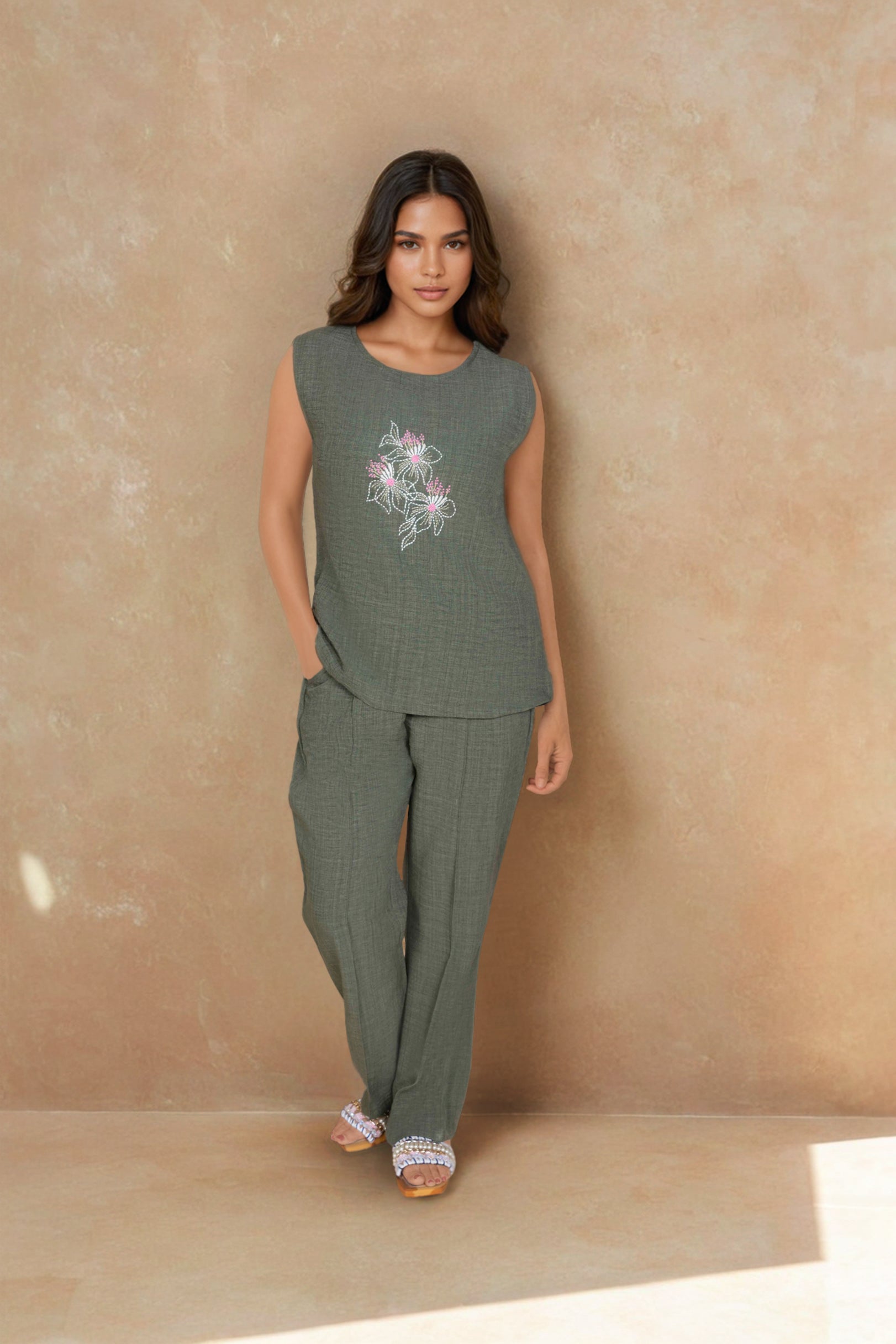 Olive Green Linen Co-ord Set with Floral Embroidery