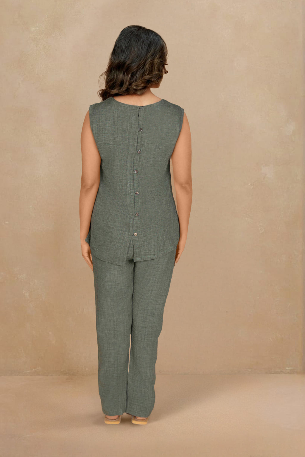 Olive Green Linen Co-ord Set with Floral Embroidery