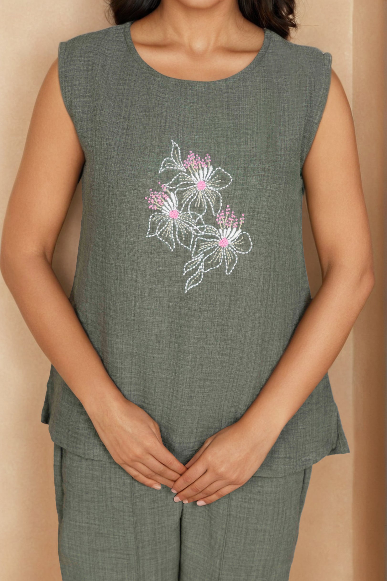 Olive Green Linen Co-ord Set with Floral Embroidery