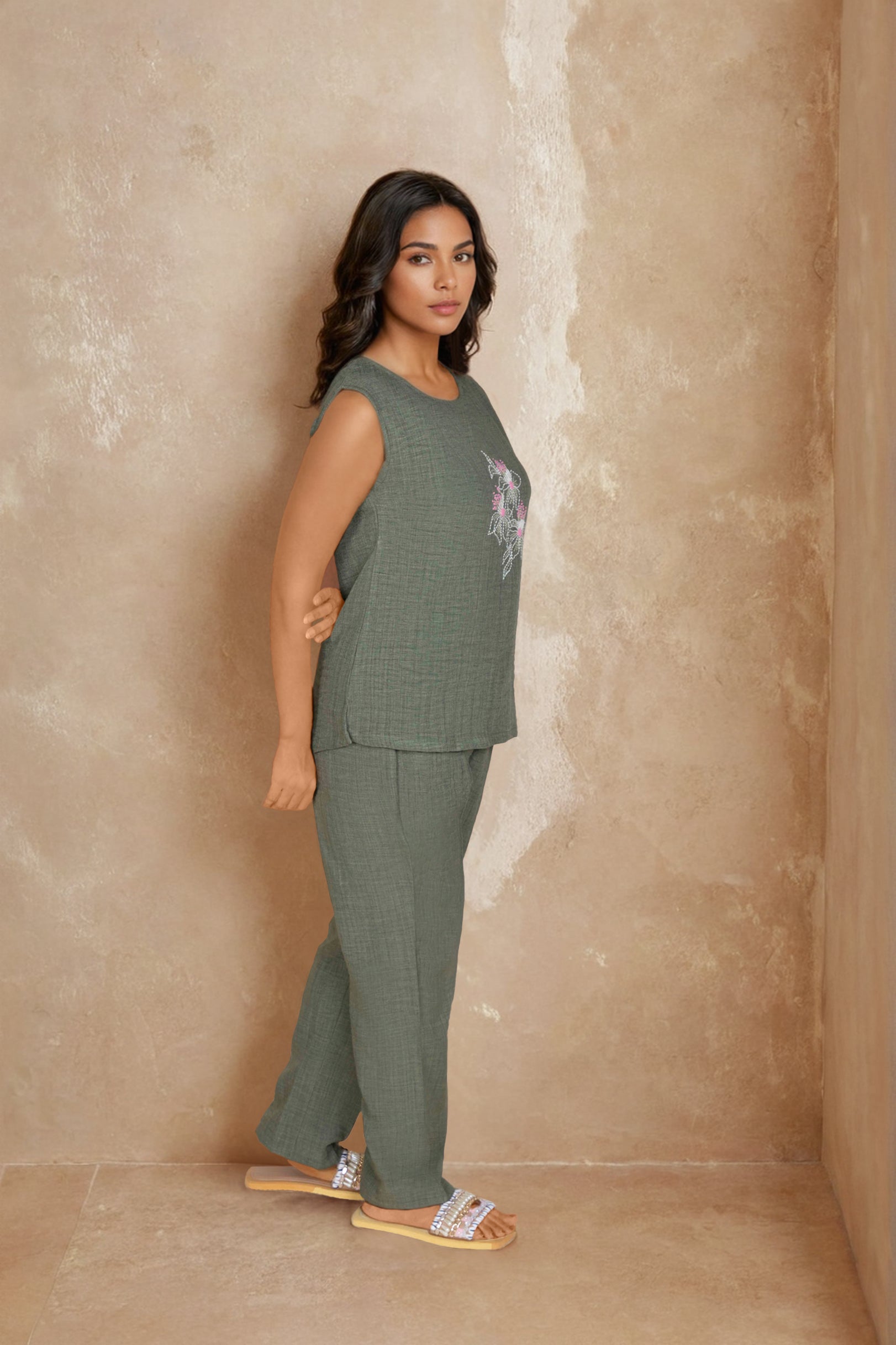 Olive Green Linen Co-ord Set with Floral Embroidery