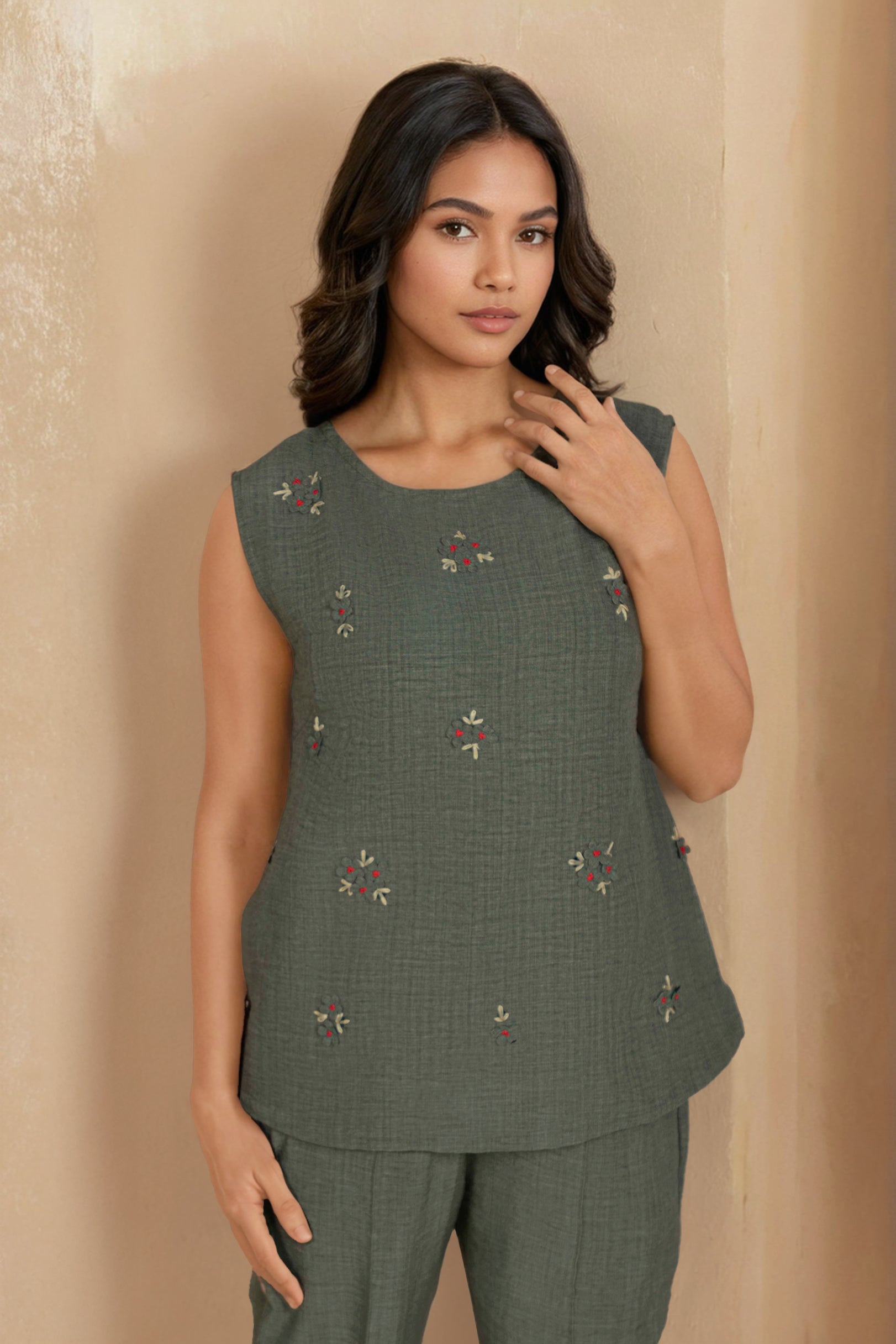 Olive Green Linen Co-ord Set with Scattered Embroidery