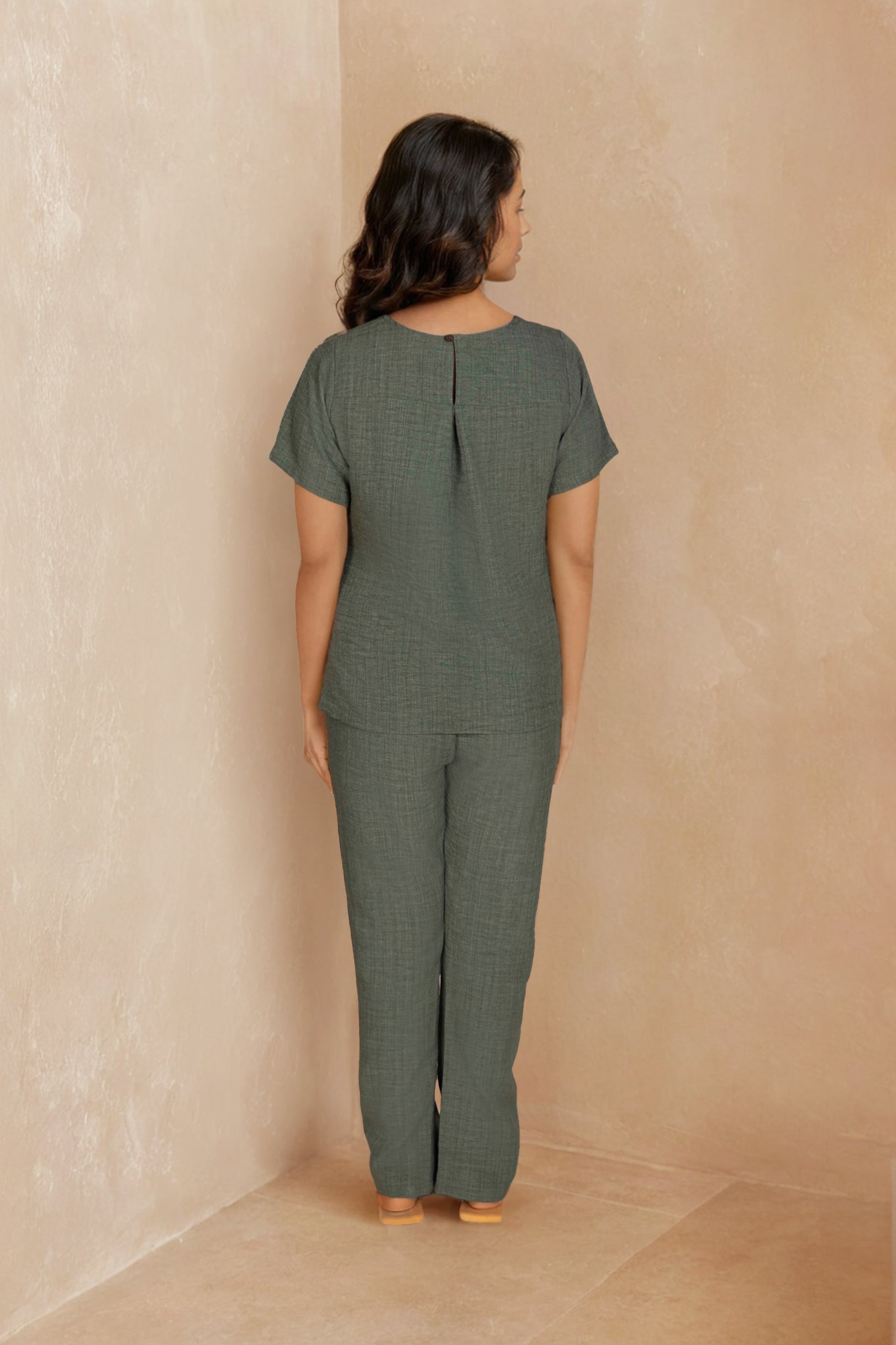 Olive Green Linen Co-ord Set with Scattered Embroidery