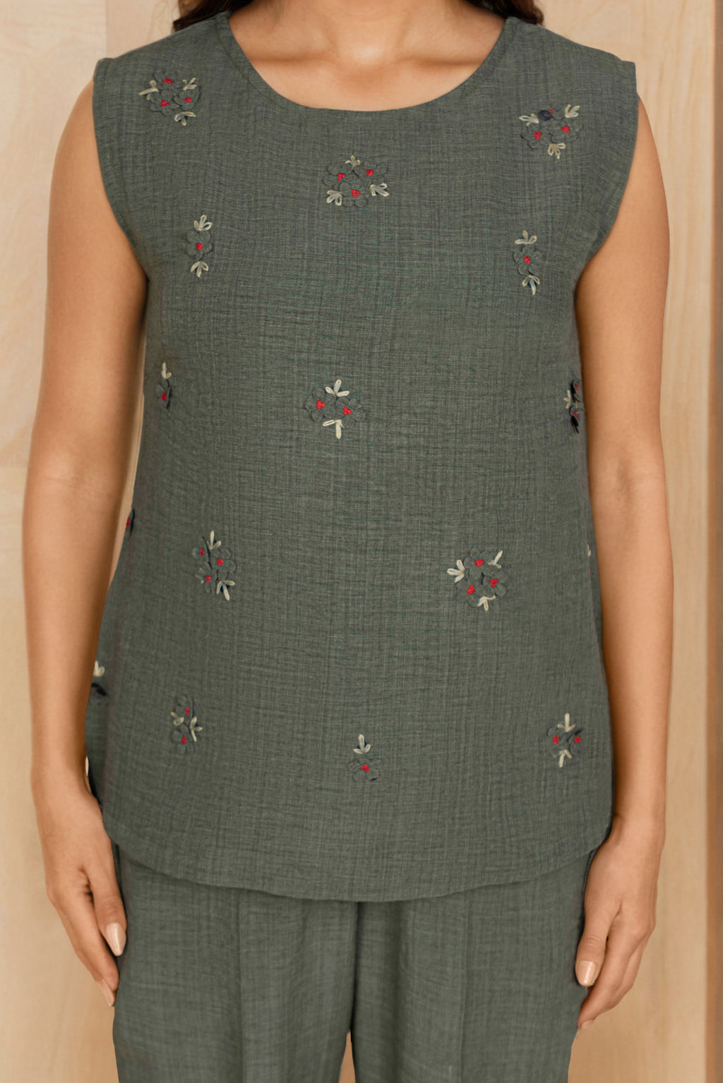 Olive Green Linen Co-ord Set with Scattered Embroidery