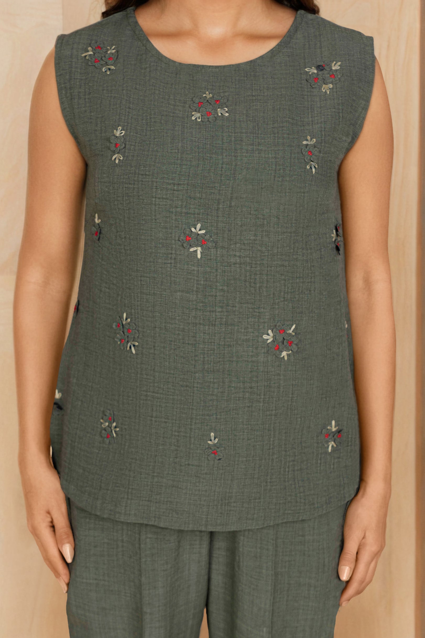 Olive Green Linen Co-ord Set with Scattered Embroidery