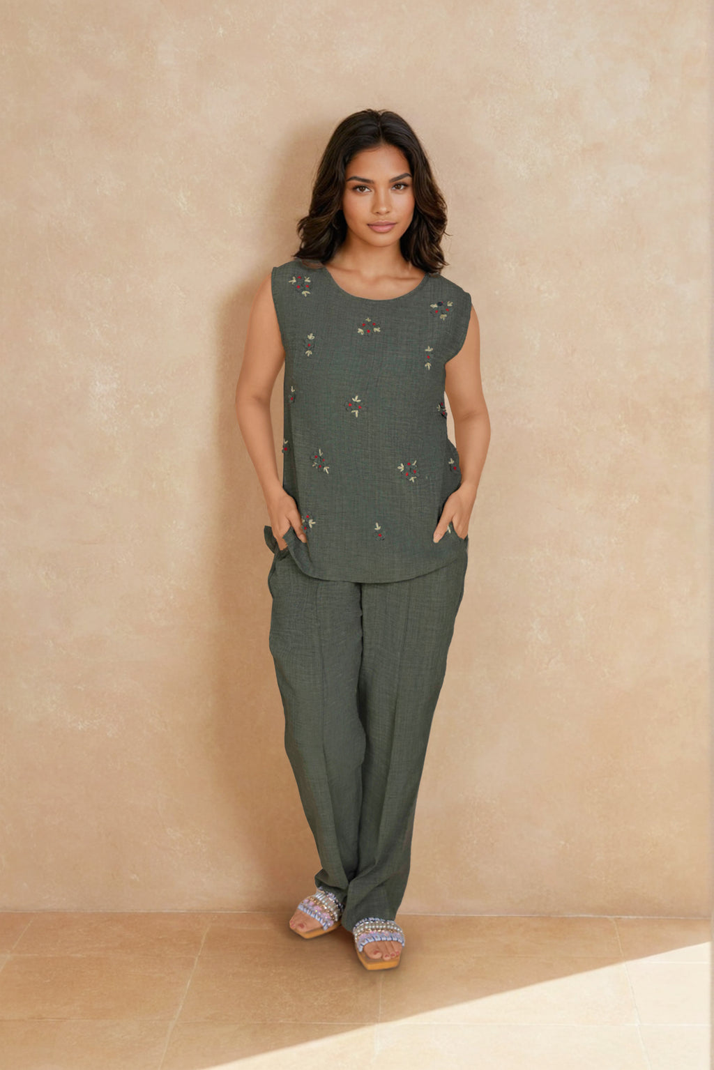 Olive Green Linen Co-ord Set with Scattered Embroidery