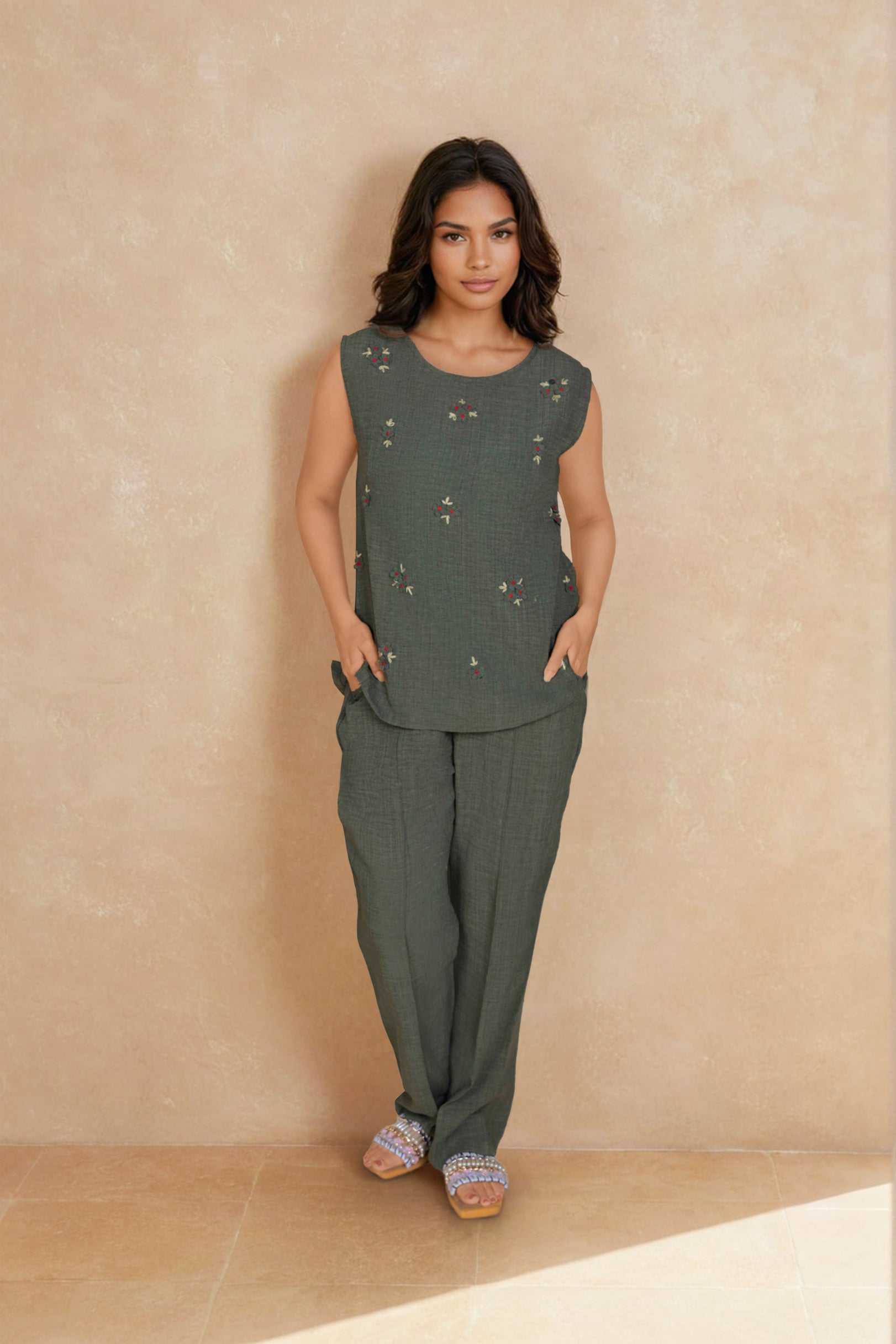 Olive Green Linen Co-ord Set with Scattered Embroidery