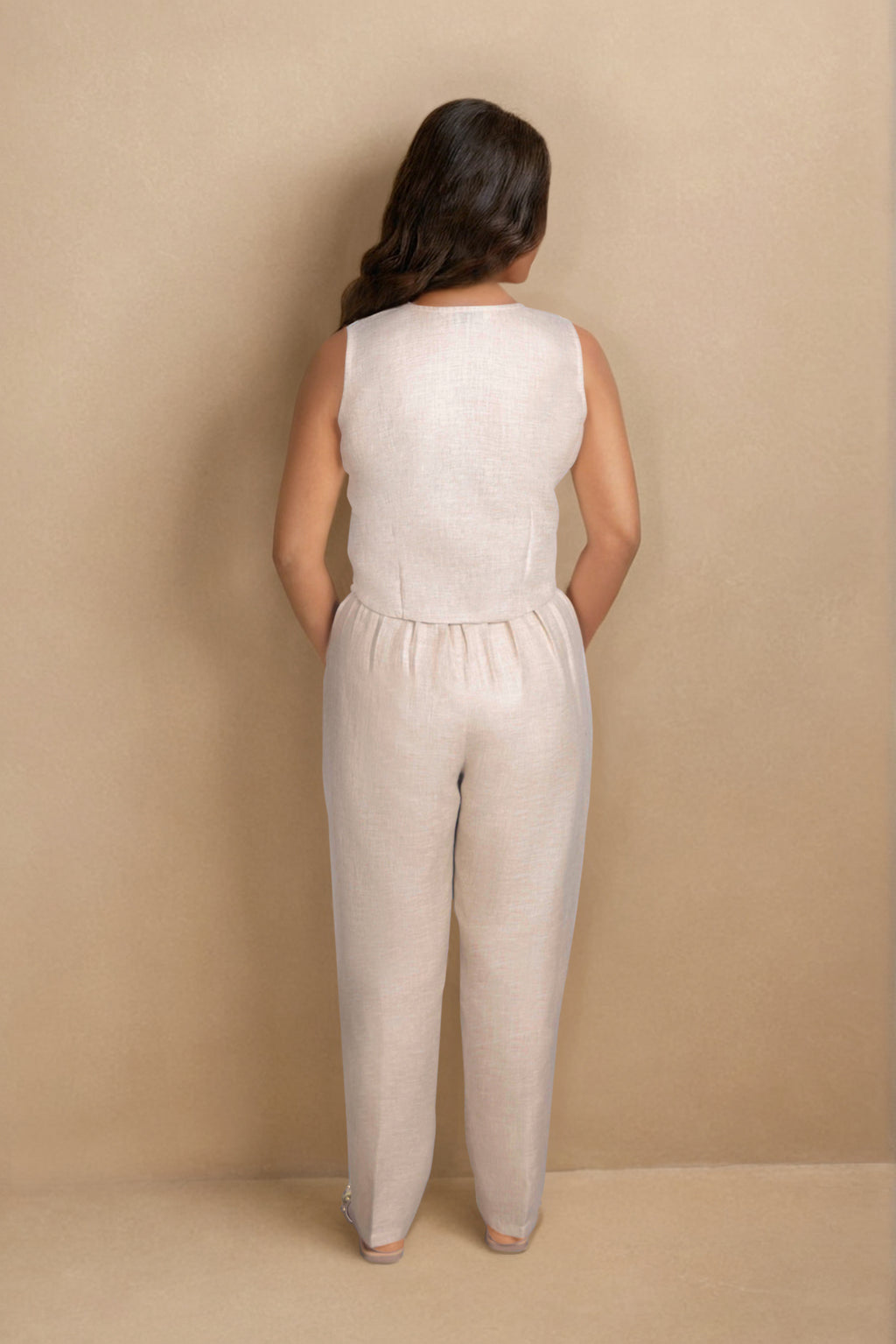 Beige Linen Co-ord Set with Sleeveless Embellished Vest