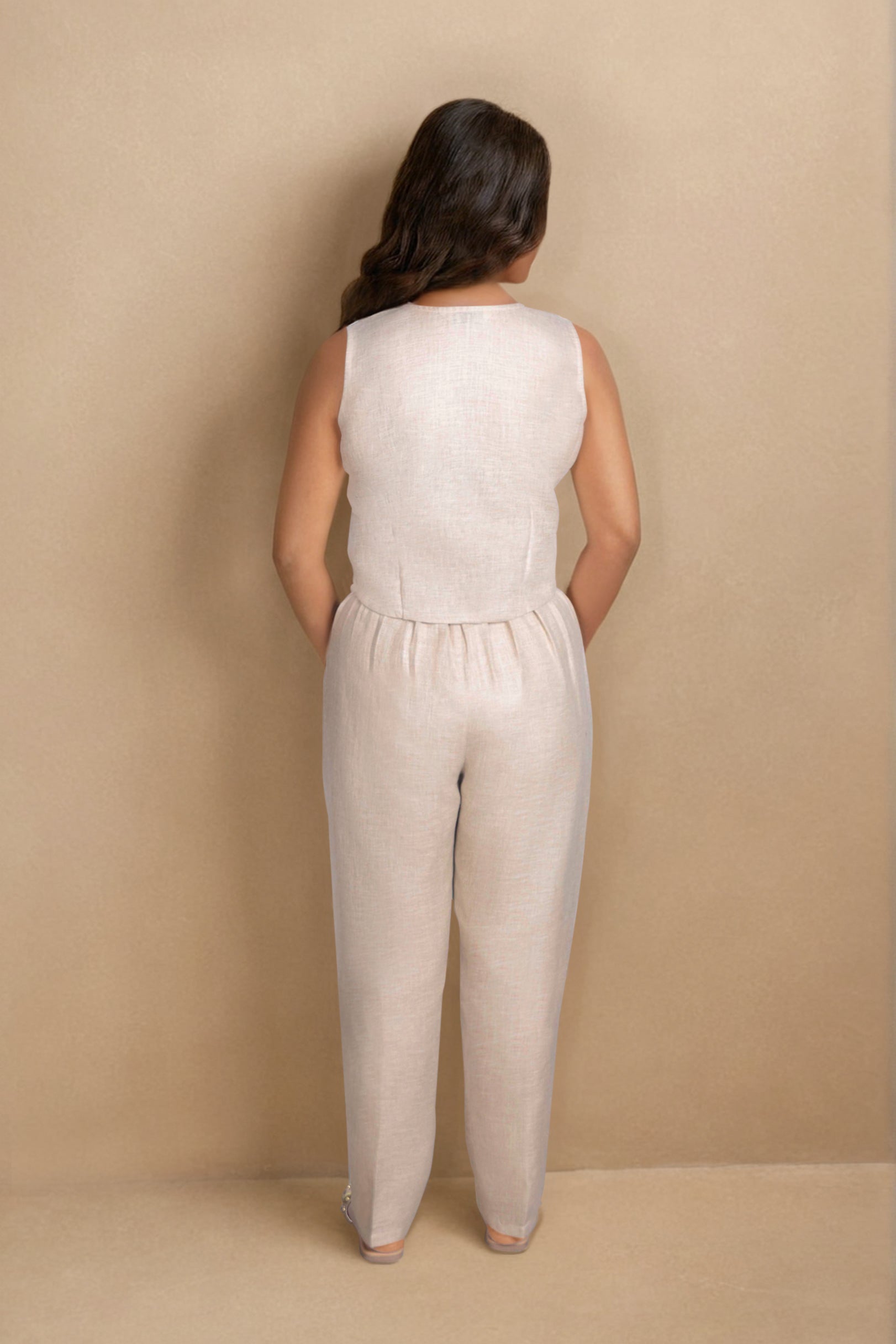 Beige Linen Co-ord Set with Sleeveless Embellished Vest