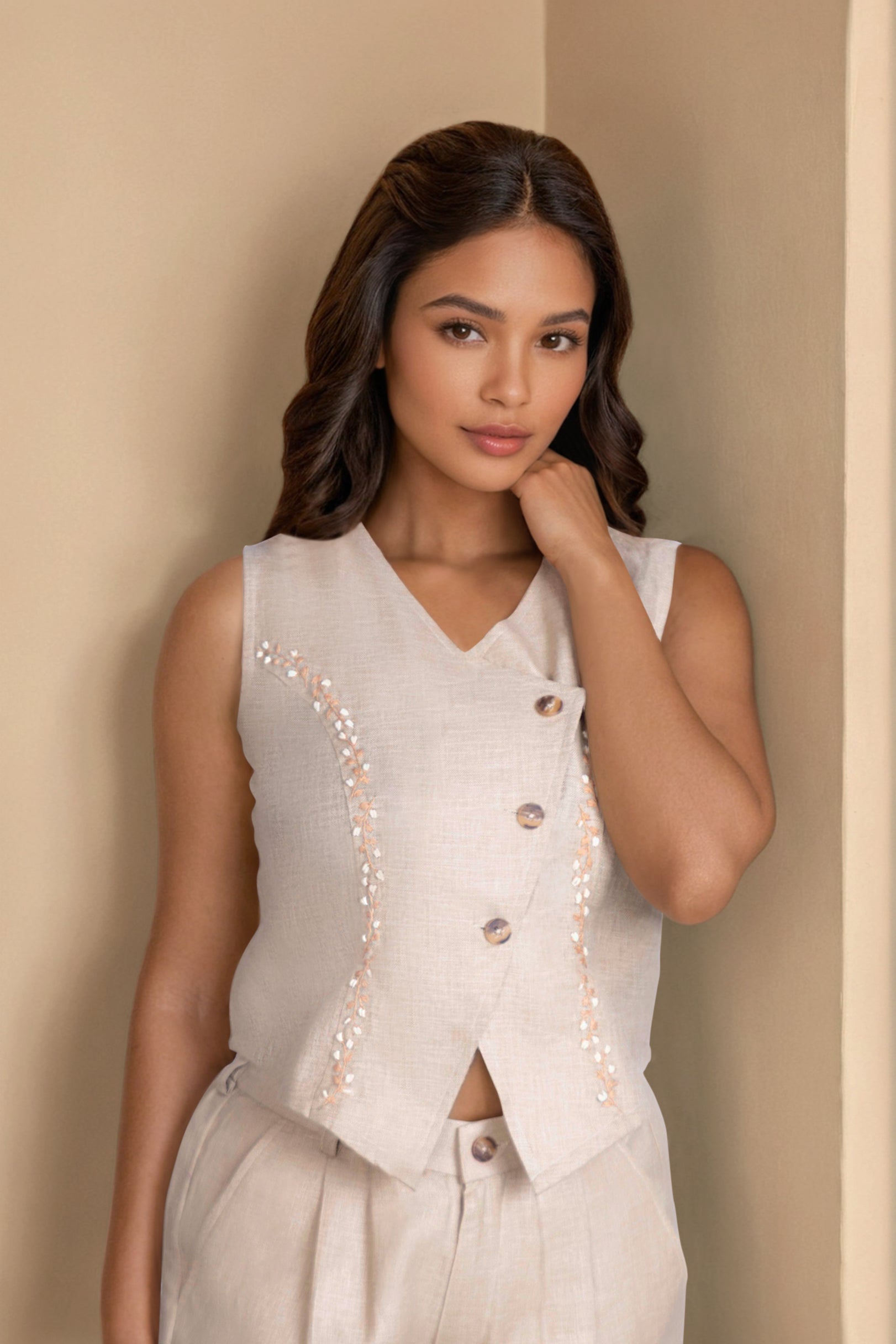 Beige Linen Co-ord Set with Sleeveless Embellished Vest