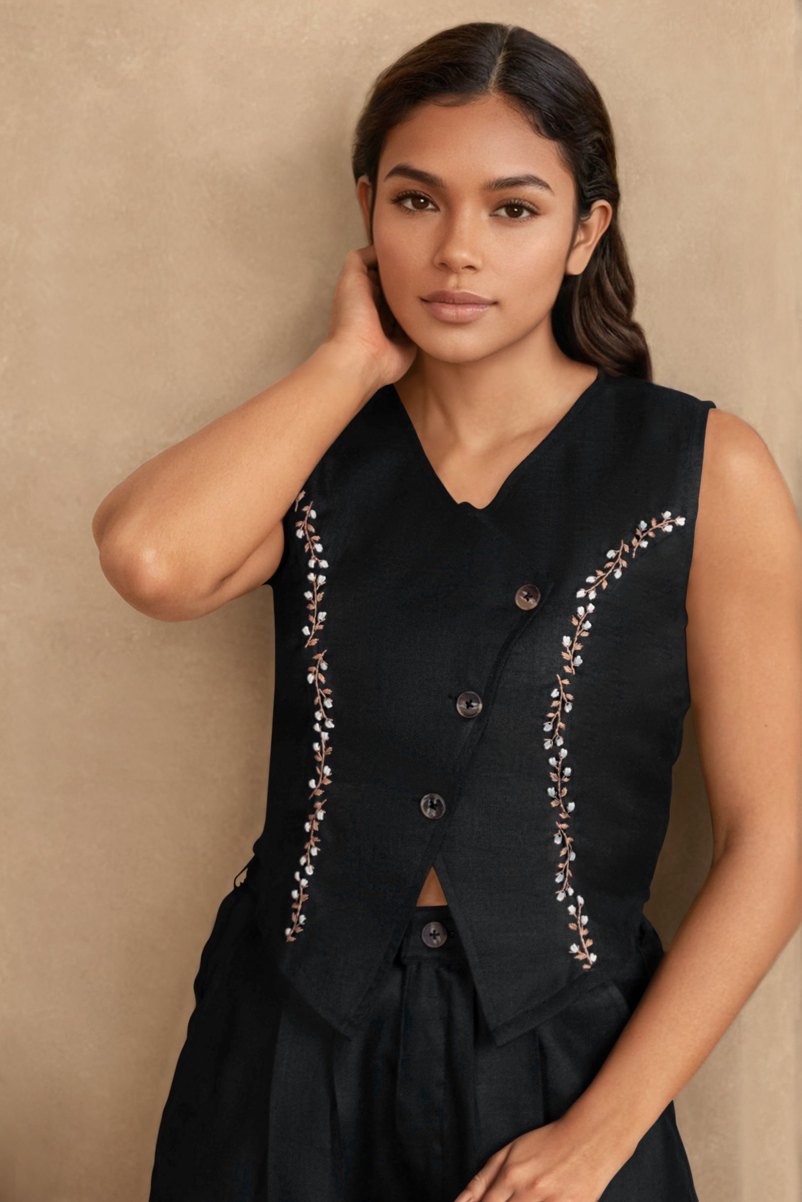 Black Linen Co-ord Set with Embellished Sleeveless Vest