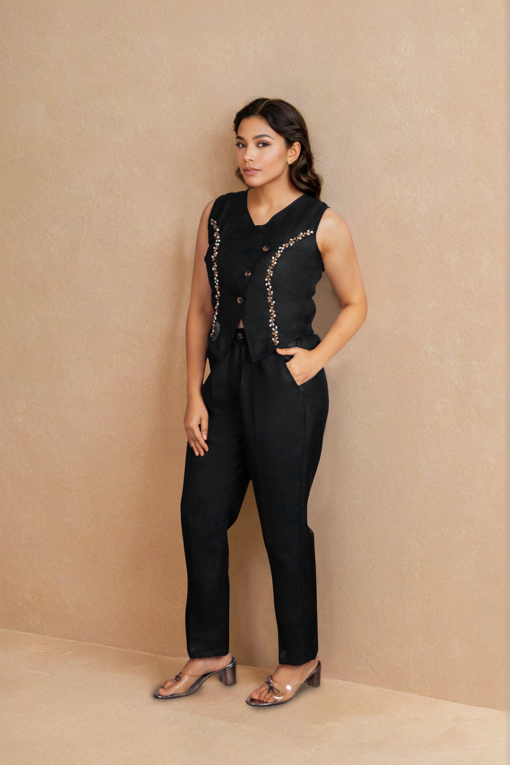 Black Linen Co-ord Set with Embellished Sleeveless Vest
