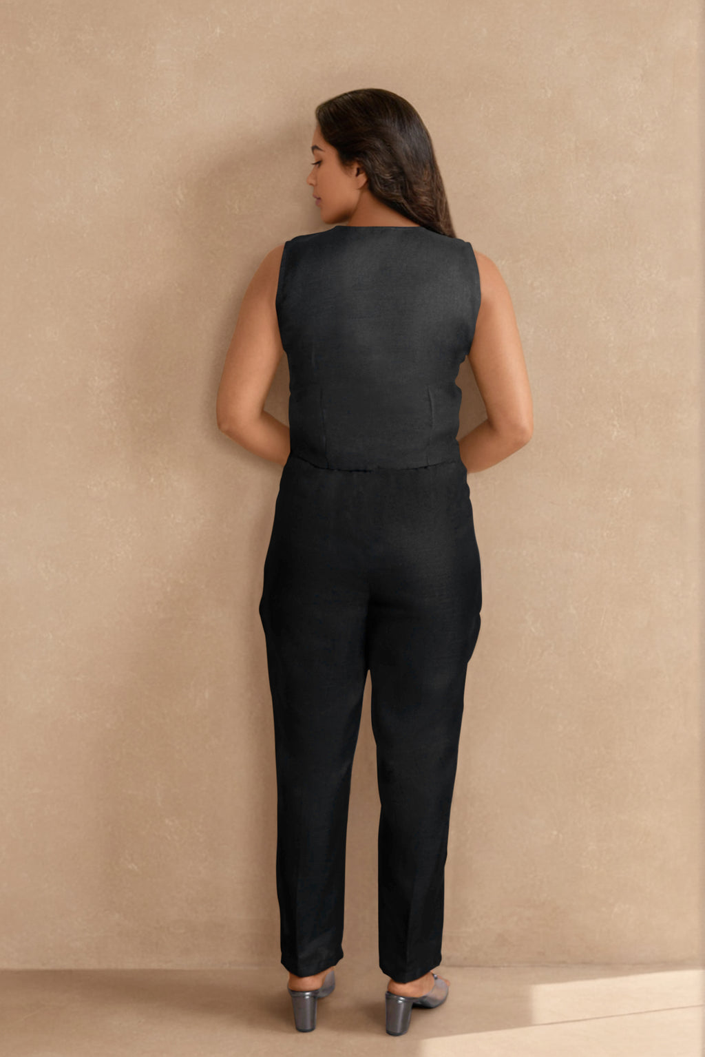 Black Linen Co-ord Set with Embellished Sleeveless Vest