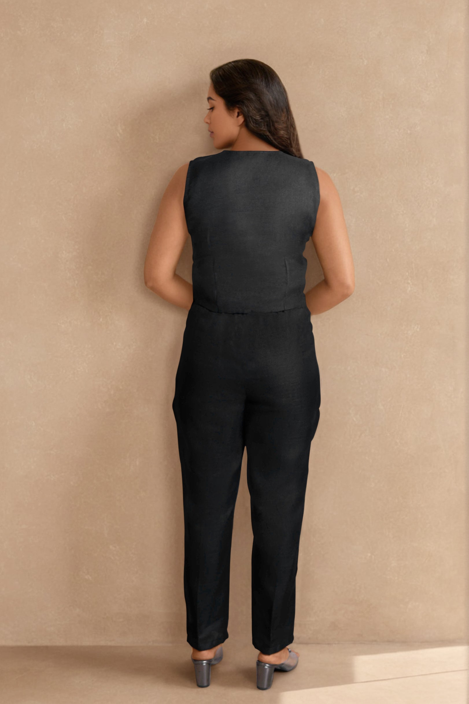 Black Linen Co-ord Set with Embellished Sleeveless Vest