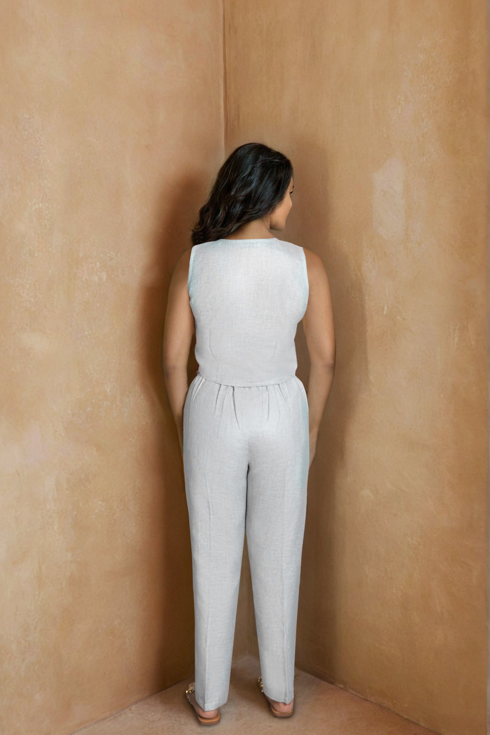 Light Grey Linen Co-ord Set with Embellished Vest