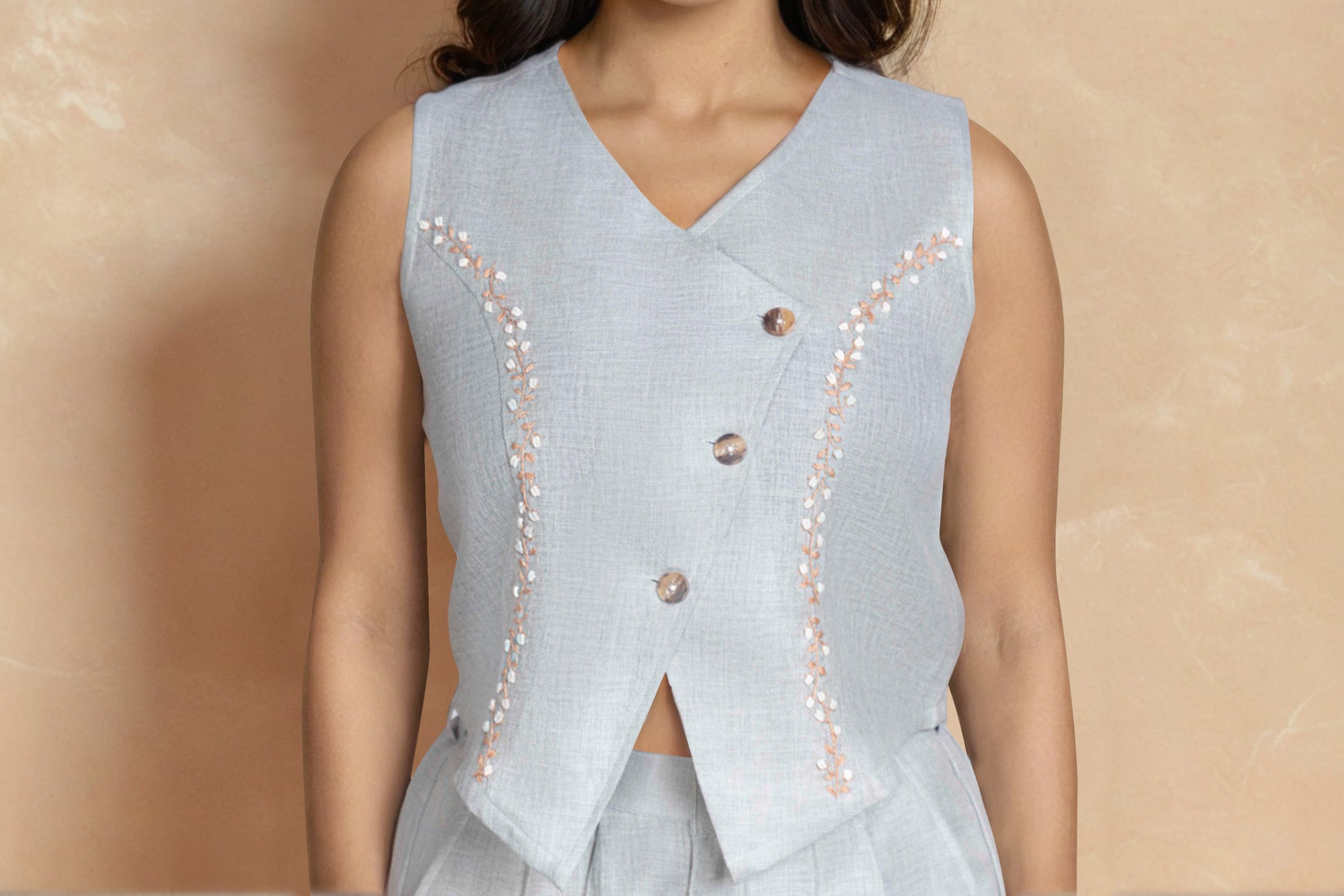 Light Grey Linen Co-ord Set with Embellished Vest