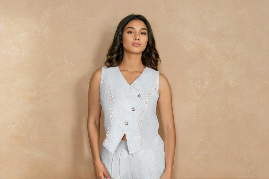 Light Grey Linen Co-ord Set with Embellished Vest