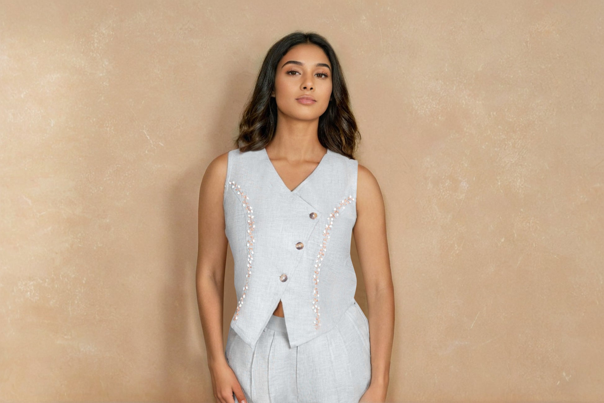 Light Grey Linen Co-ord Set with Embellished Vest