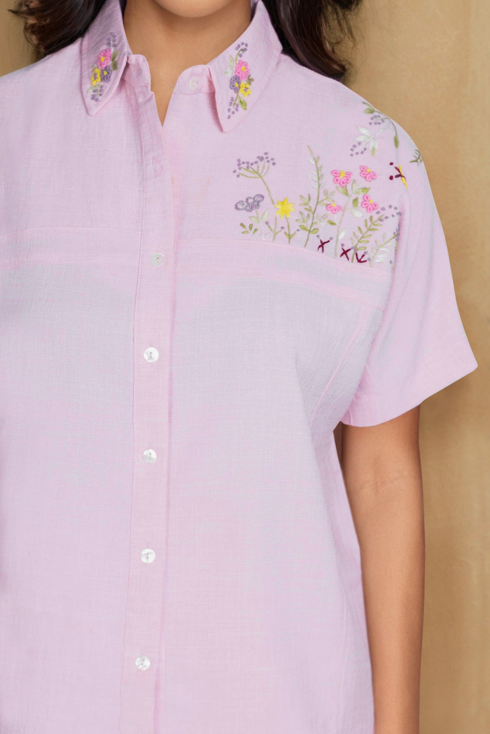 Pink Linen Co-ord Set with Floral Embroidered Collar