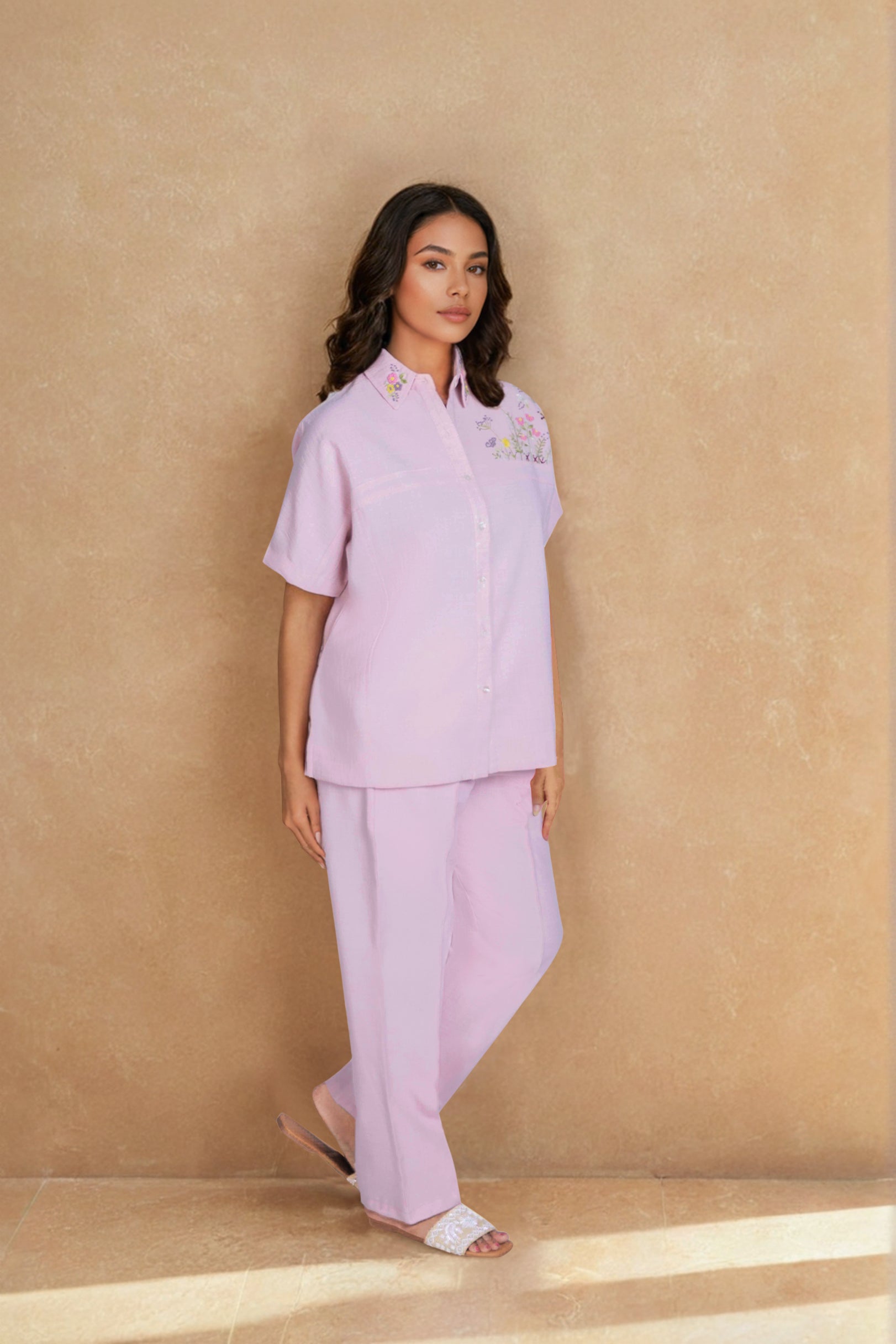 Pink Linen Co-ord Set with Floral Embroidered Collar