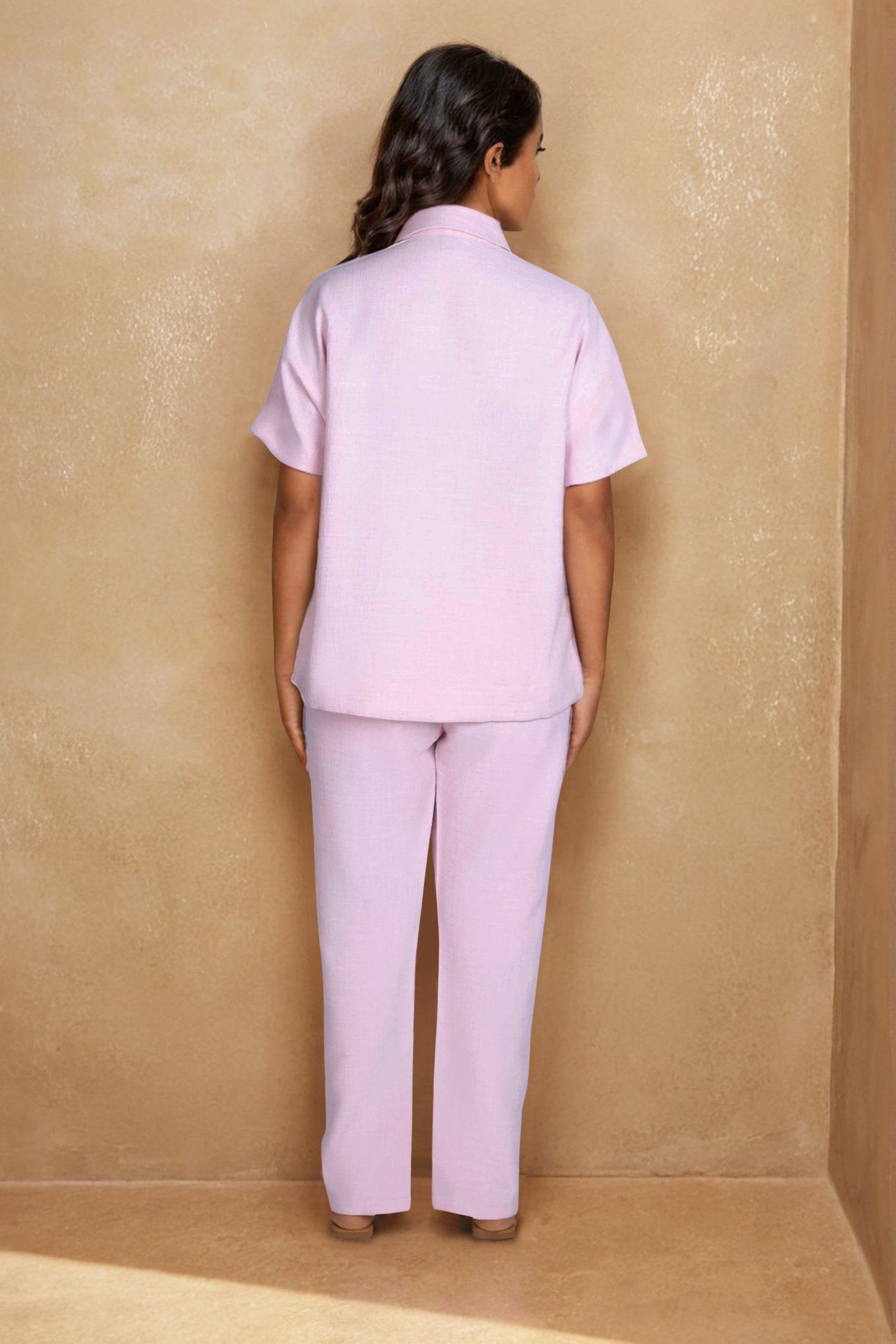 Pink Linen Co-ord Set with Floral Embroidered Collar
