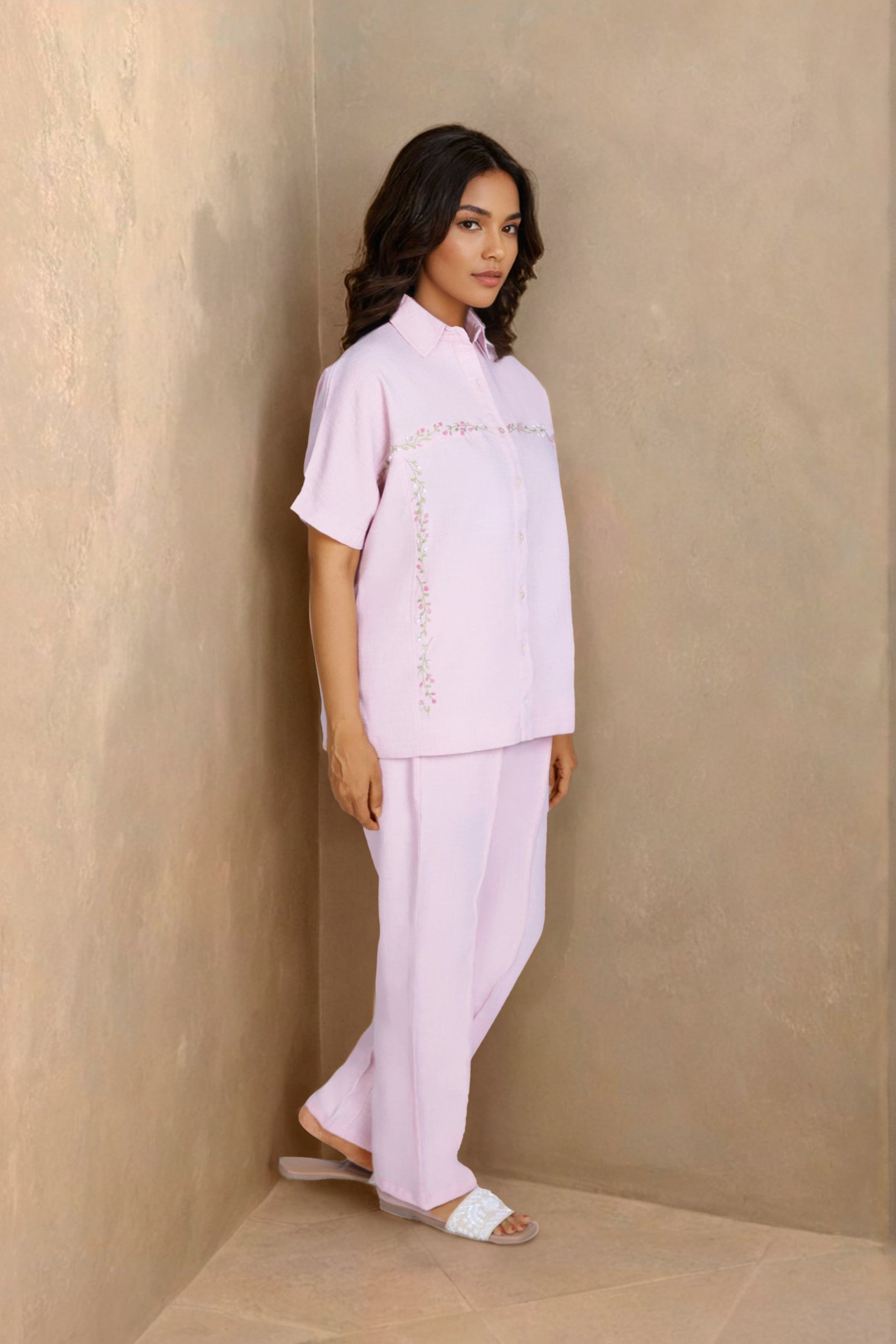 Pink Linen Co-ord Set with Panel Embroidery