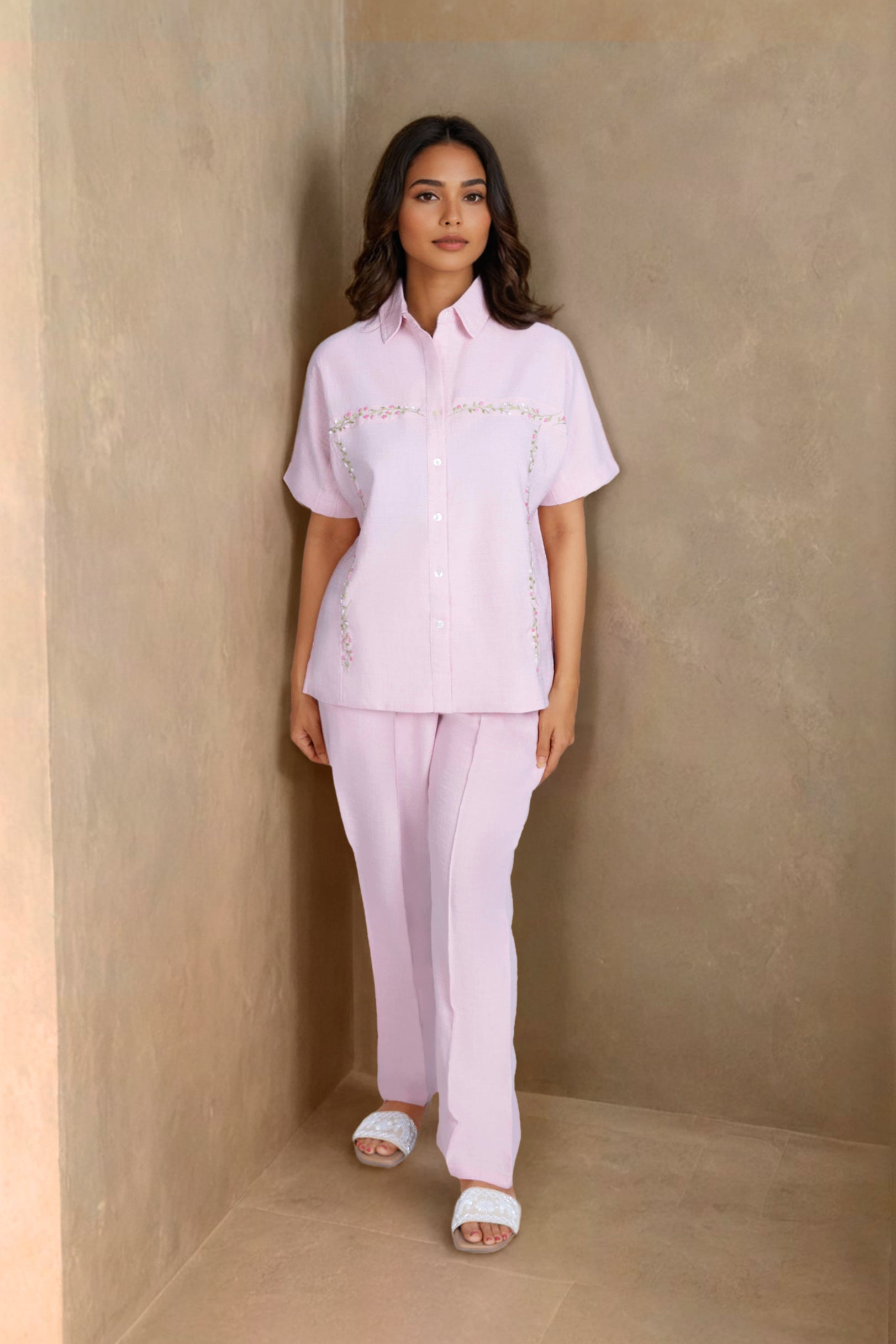 Pink Linen Co-ord Set with Panel Embroidery