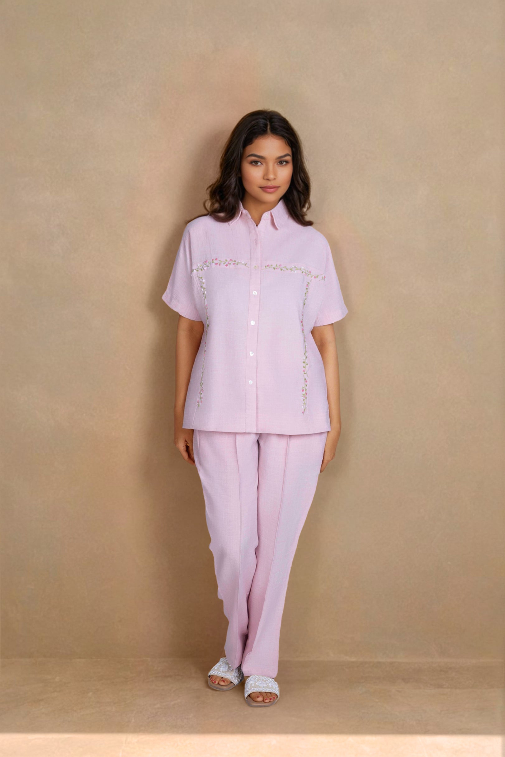 Pink Linen Co-ord Set with Panel Embroidery
