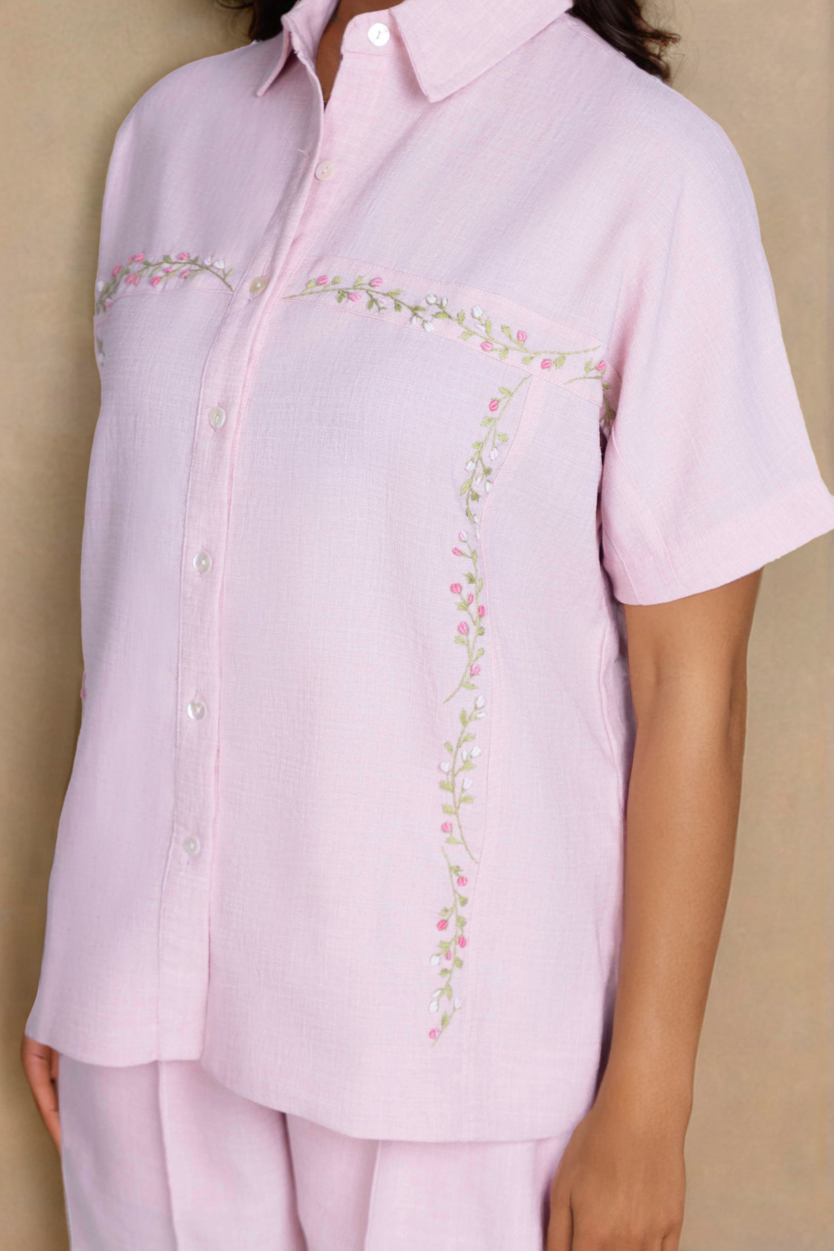 Pink Linen Co-ord Set with Panel Embroidery