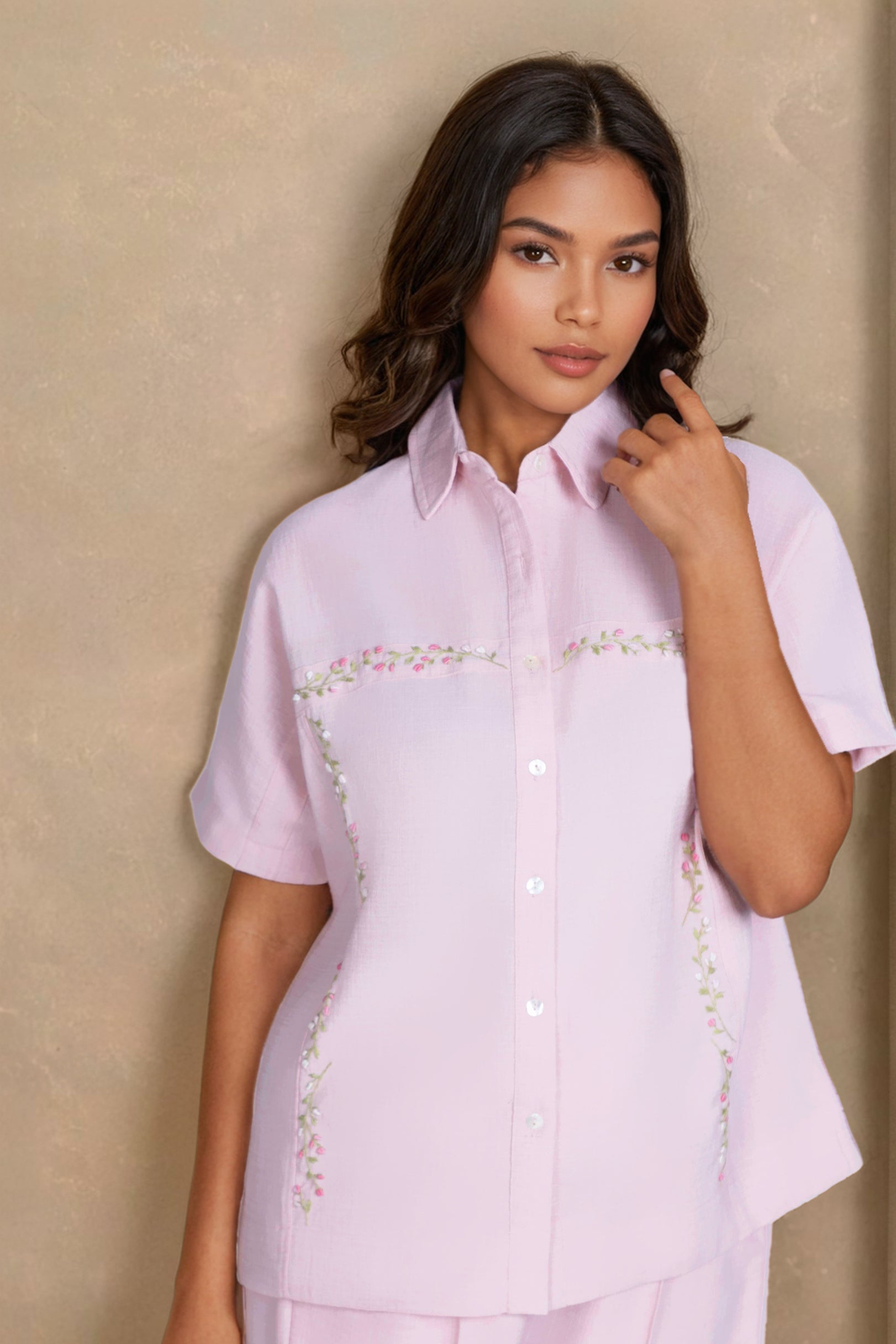 Pink Linen Co-ord Set with Panel Embroidery