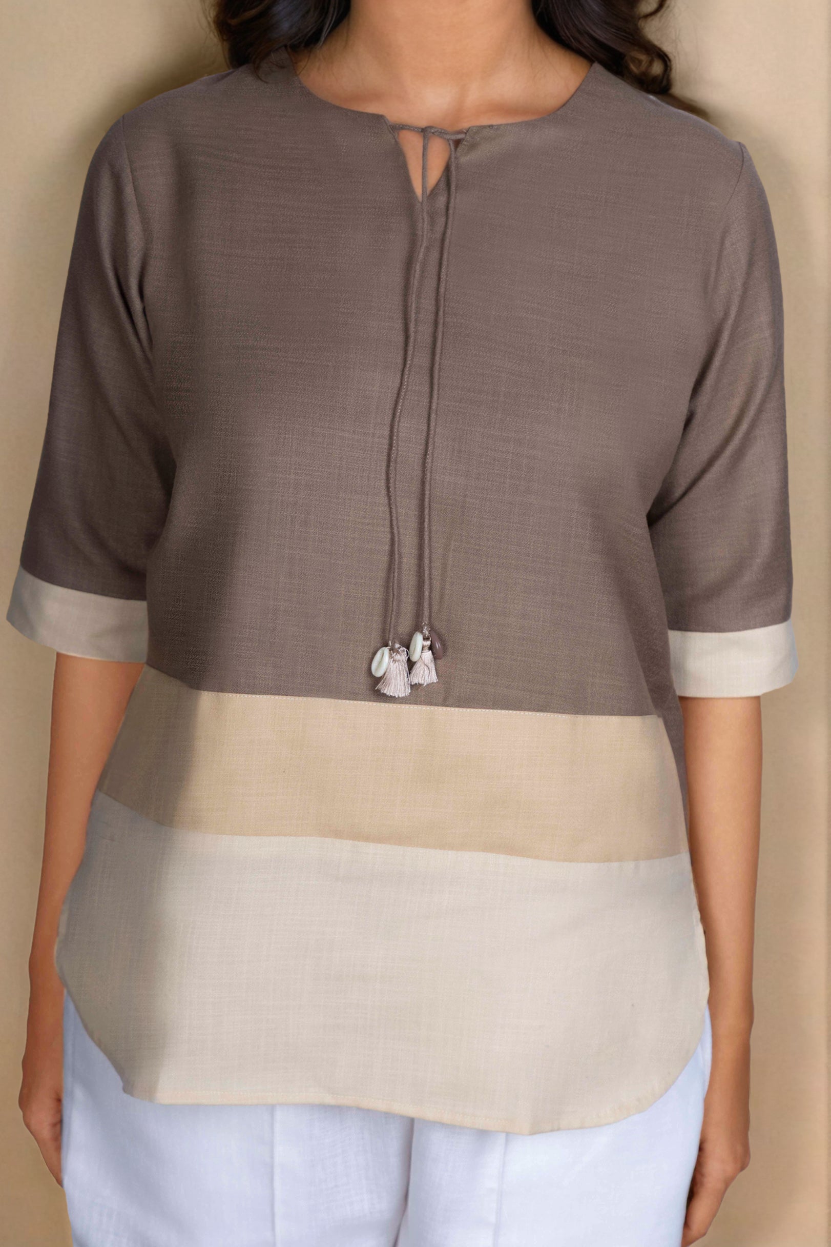 Taupe & Ivory Colorblock Linen Tunic