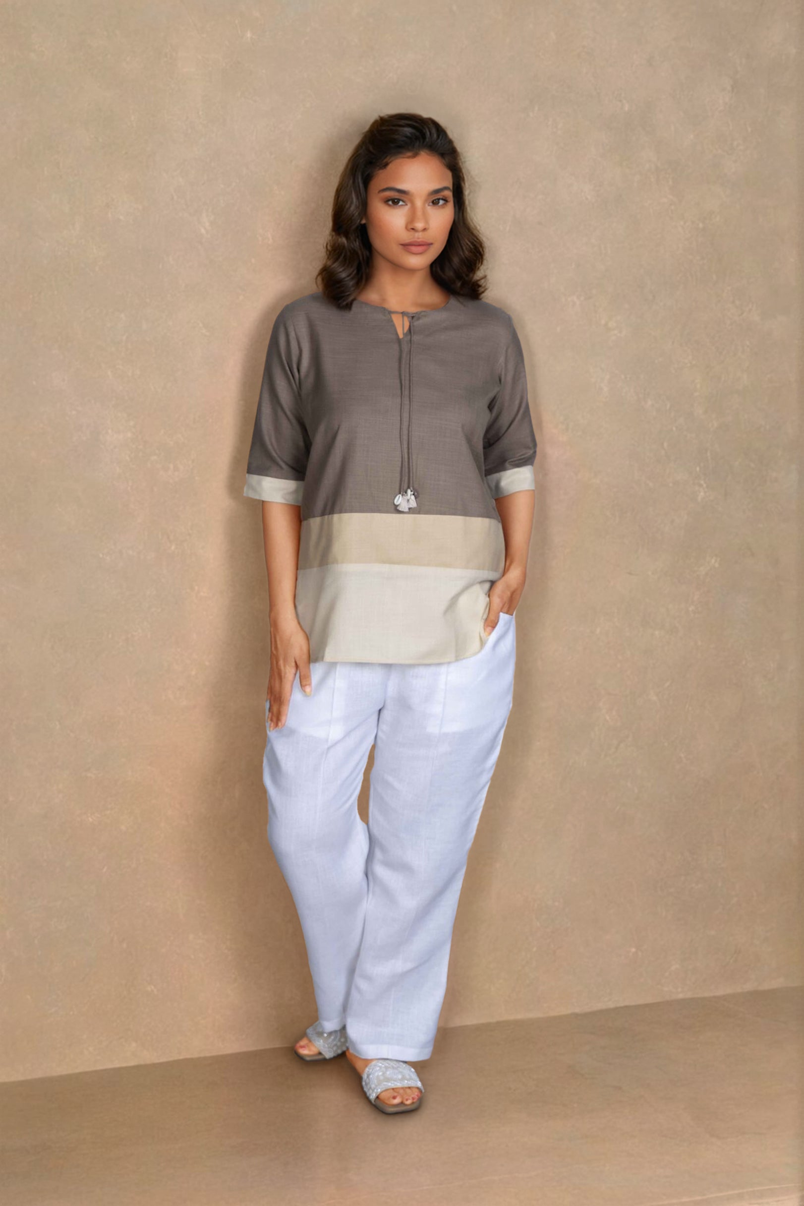 Taupe & Ivory Colorblock Linen Tunic