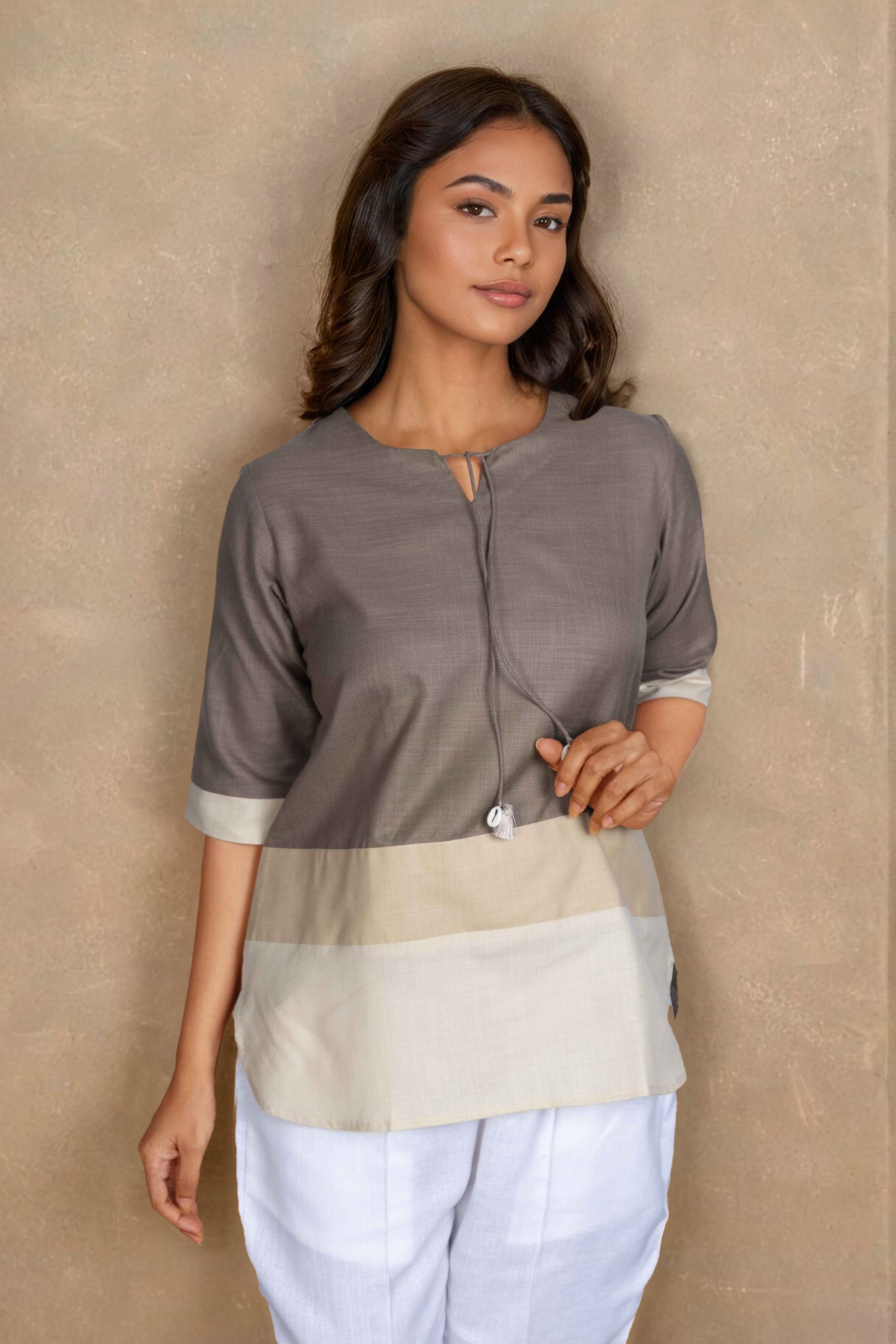 Taupe & Ivory Colorblock Linen Tunic