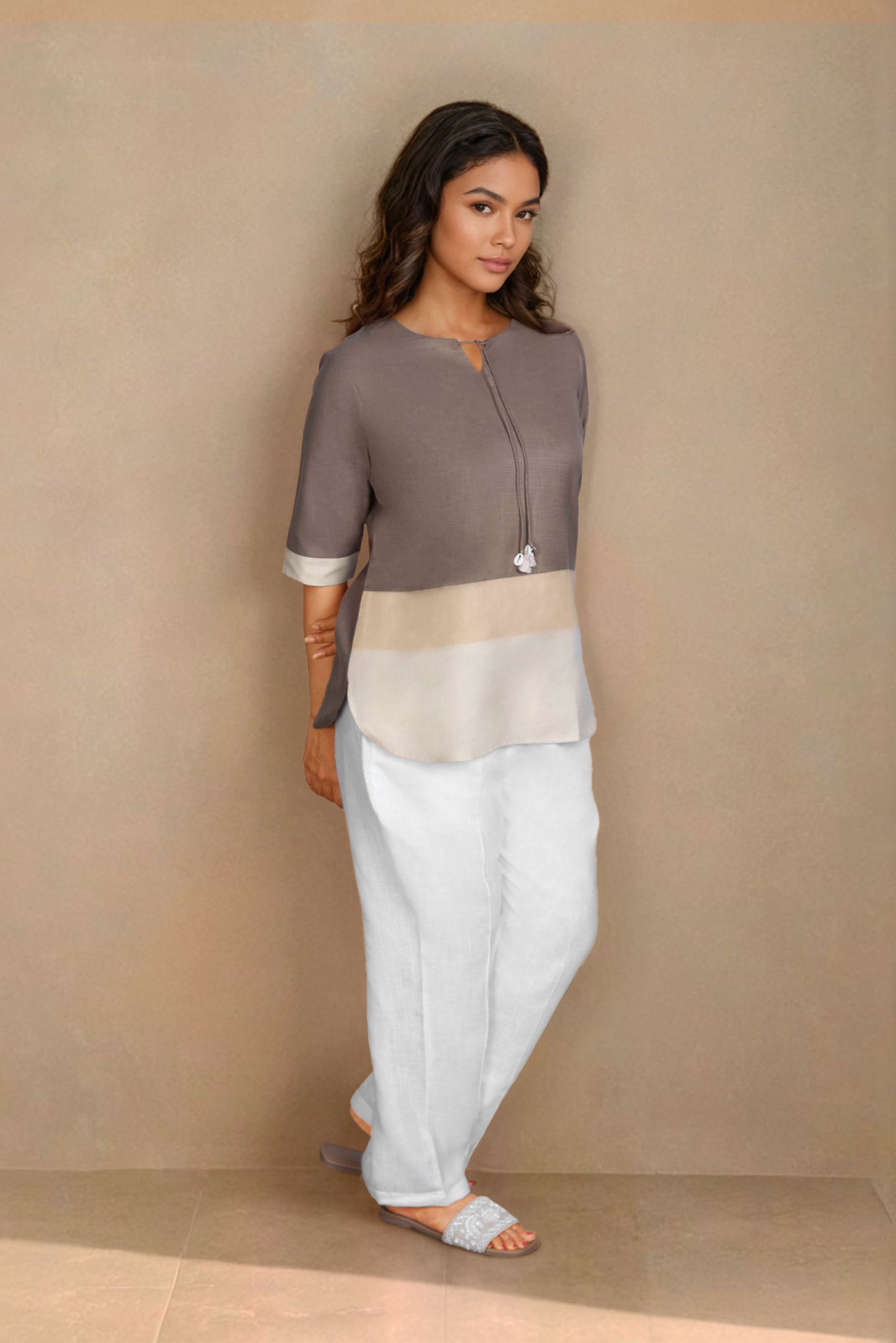 Taupe & Ivory Colorblock Linen Tunic