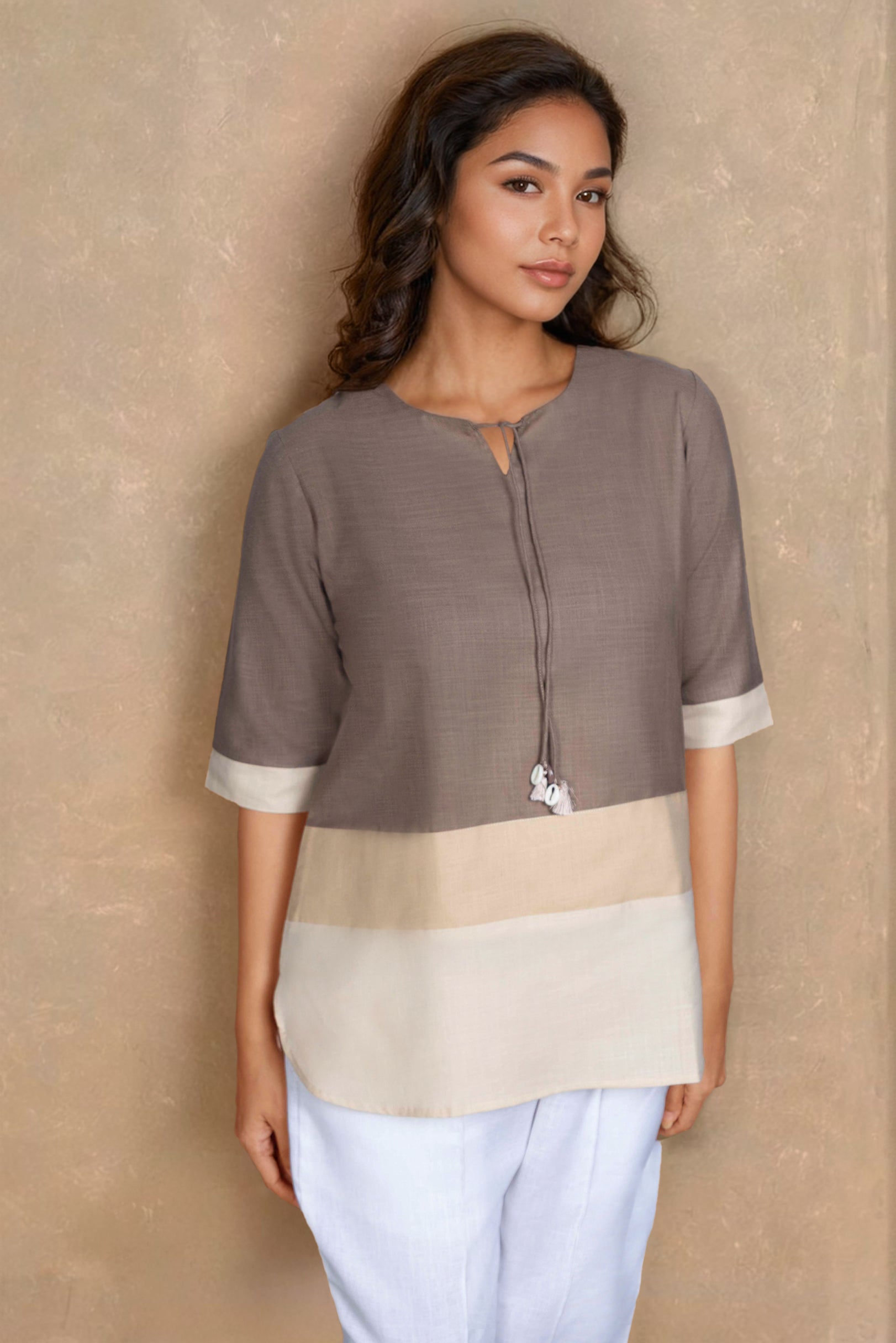 Taupe & Ivory Colorblock Linen Tunic