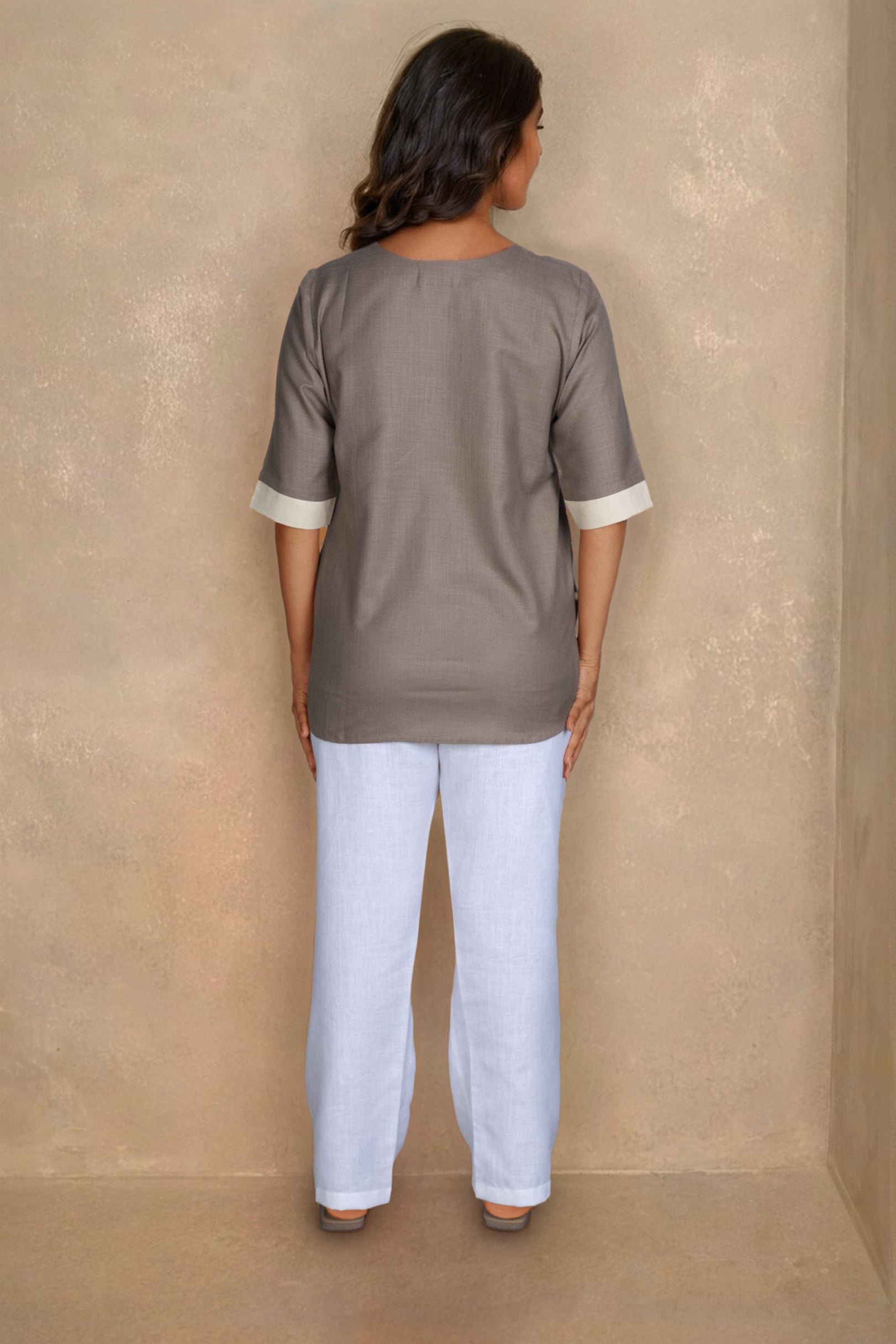 Taupe & Ivory Colorblock Linen Tunic