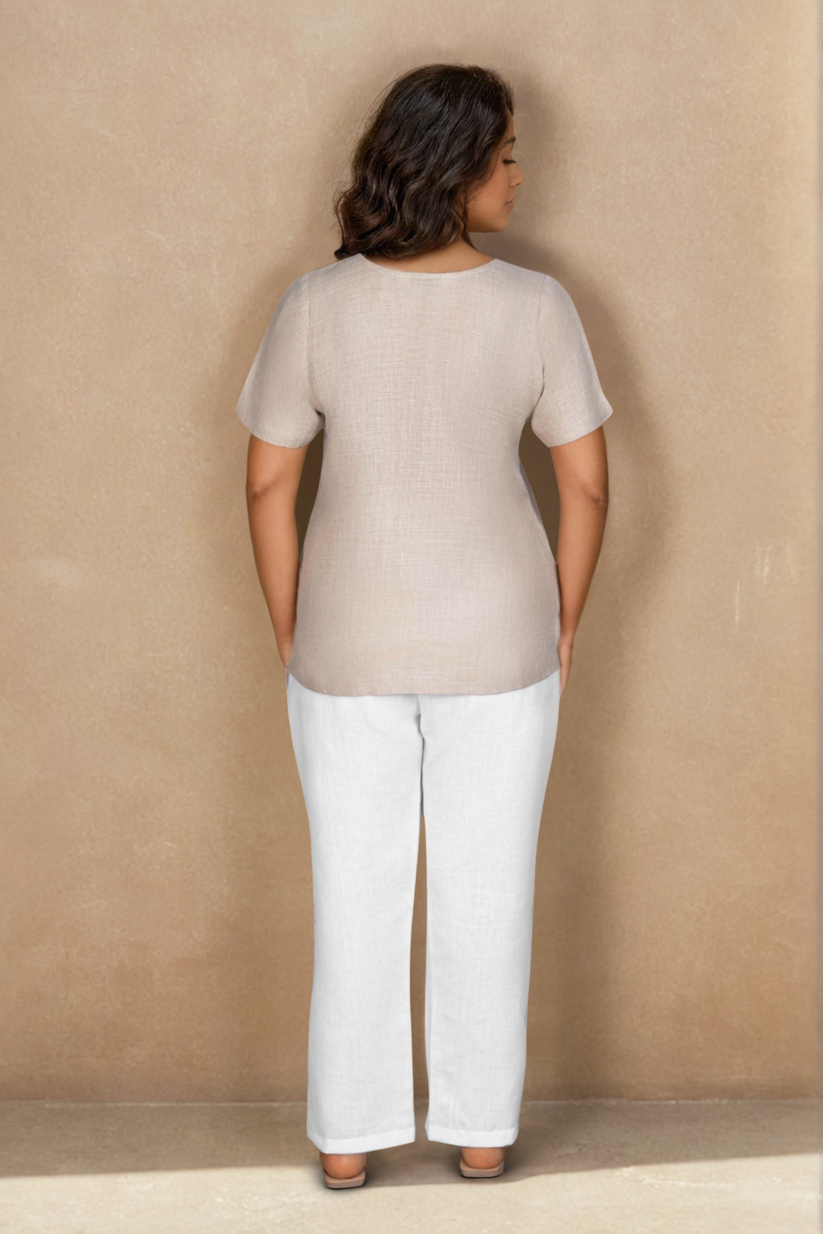 Stone Beige Linen Co-ord Set with Circular Neck Embroidery