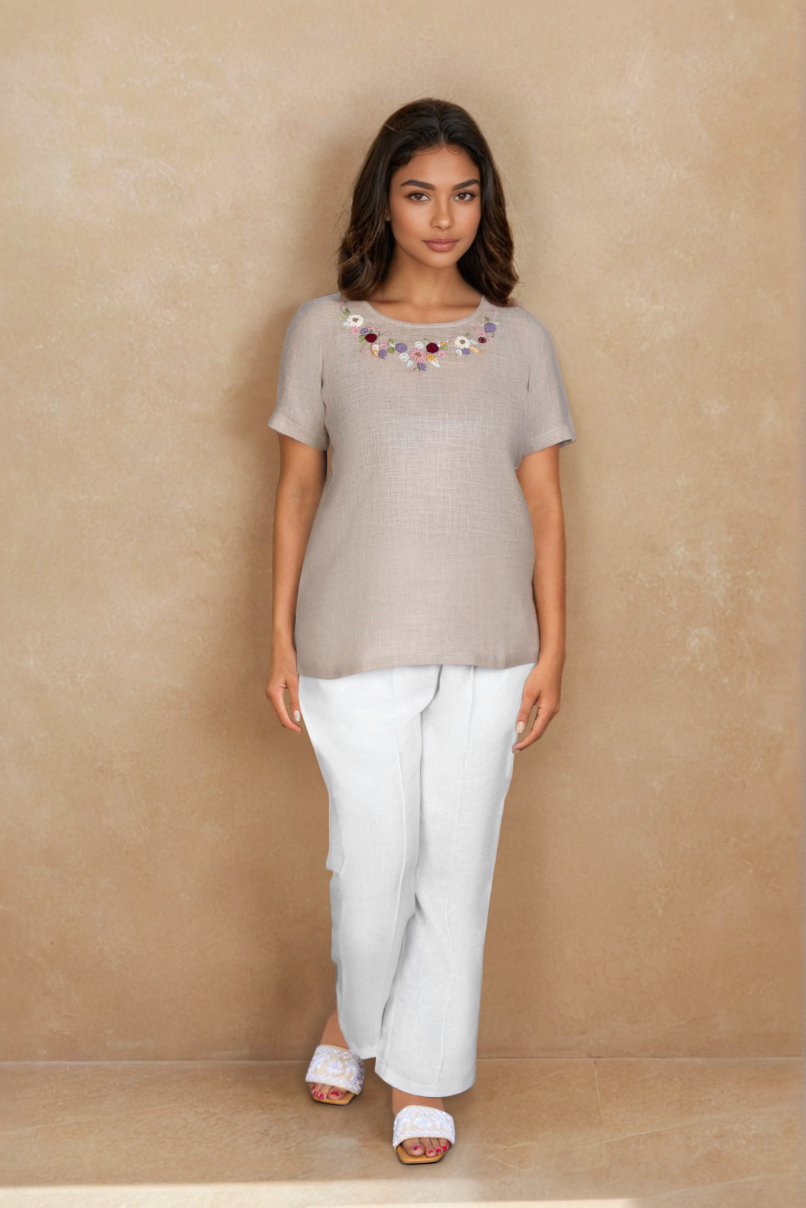 Stone Beige Linen Co-ord Set with Circular Neck Embroidery