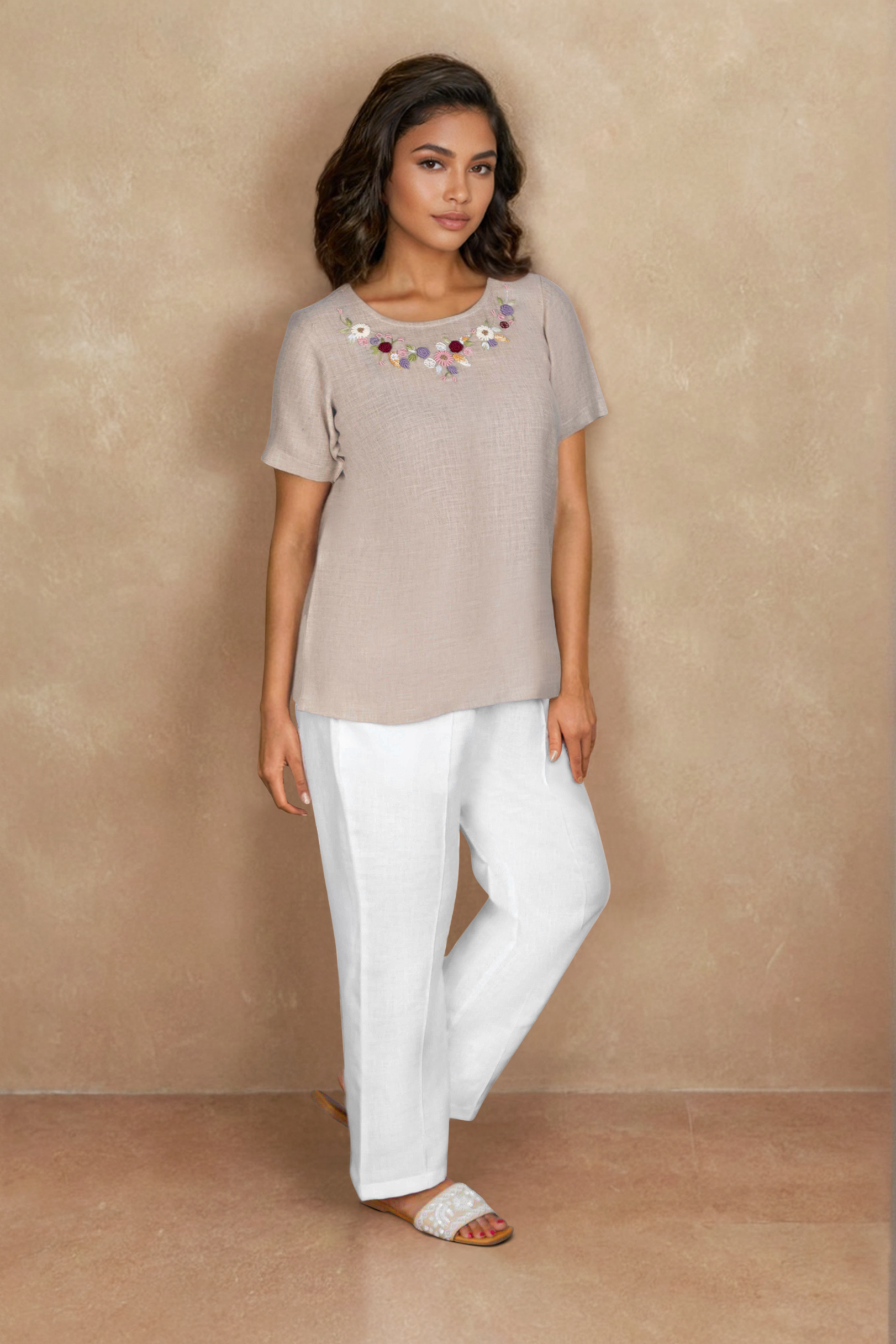 Stone Beige Linen Co-ord Set with Circular Neck Embroidery