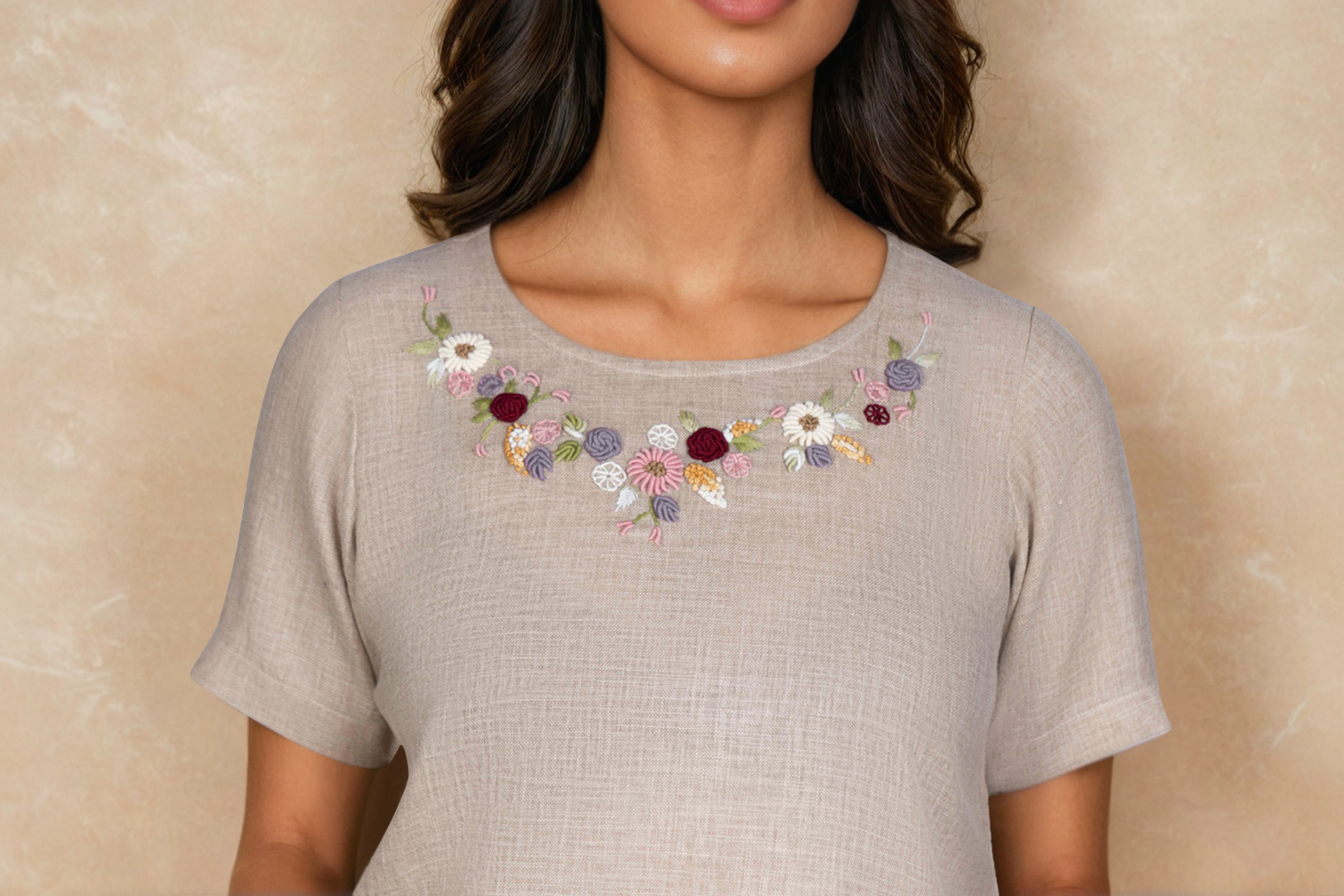 Stone Beige Linen Co-ord Set with Circular Neck Embroidery