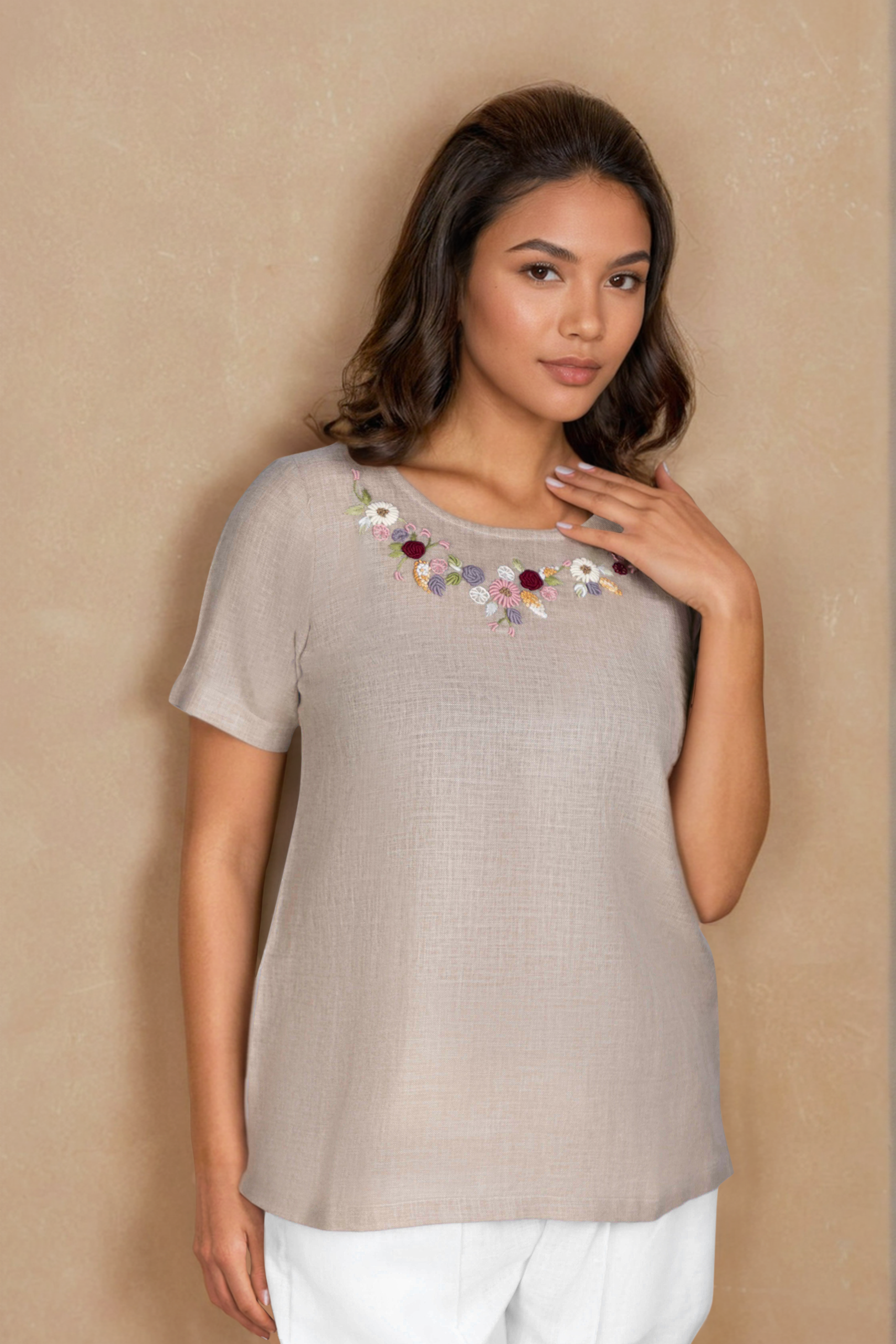 Stone Beige Linen Co-ord Set with Circular Neck Embroidery