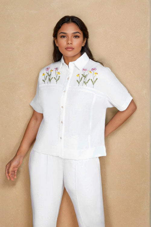 White Linen Co-ord Set with Collar Embroidery