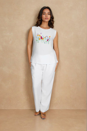 White Linen Co-ord Set with Wildflower Chest Embroidery