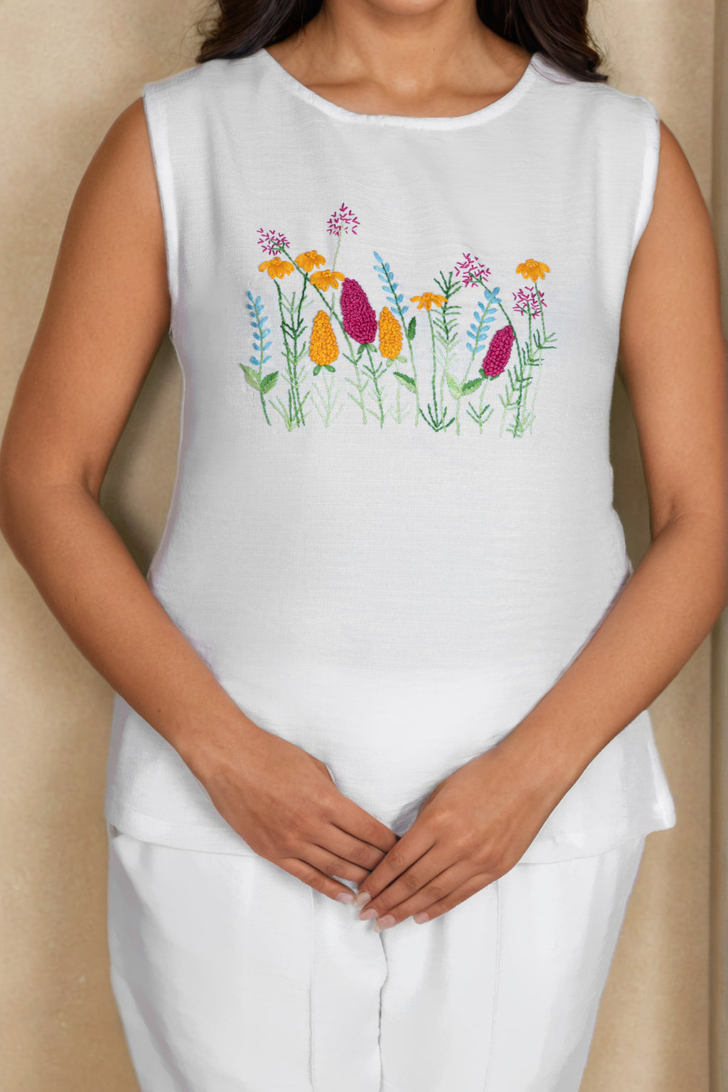 White Linen Co-ord Set with Wildflower Chest Embroidery