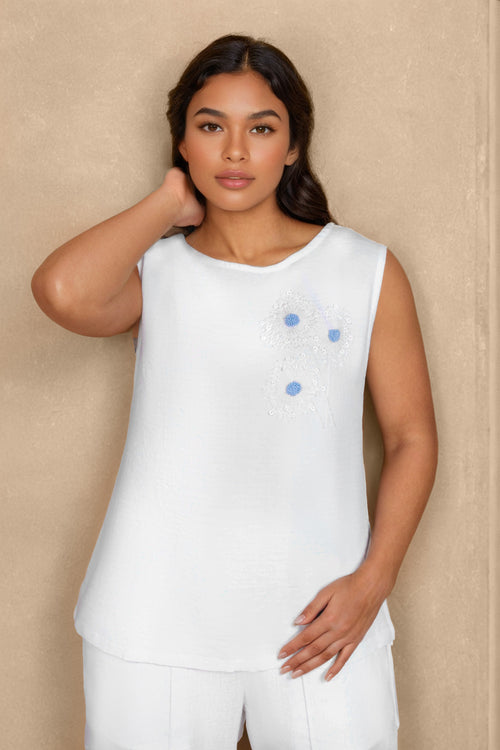 White Linen Co-ord Set with Blue Dandelion Embroidery