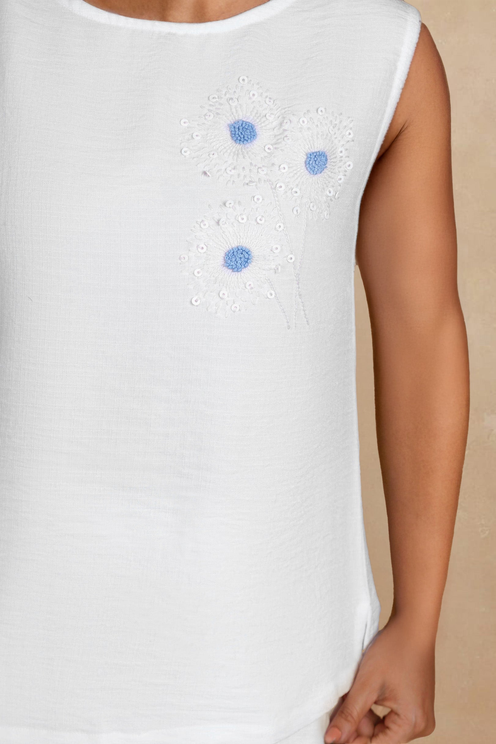 White Linen Co-ord Set with Blue Dandelion Embroidery