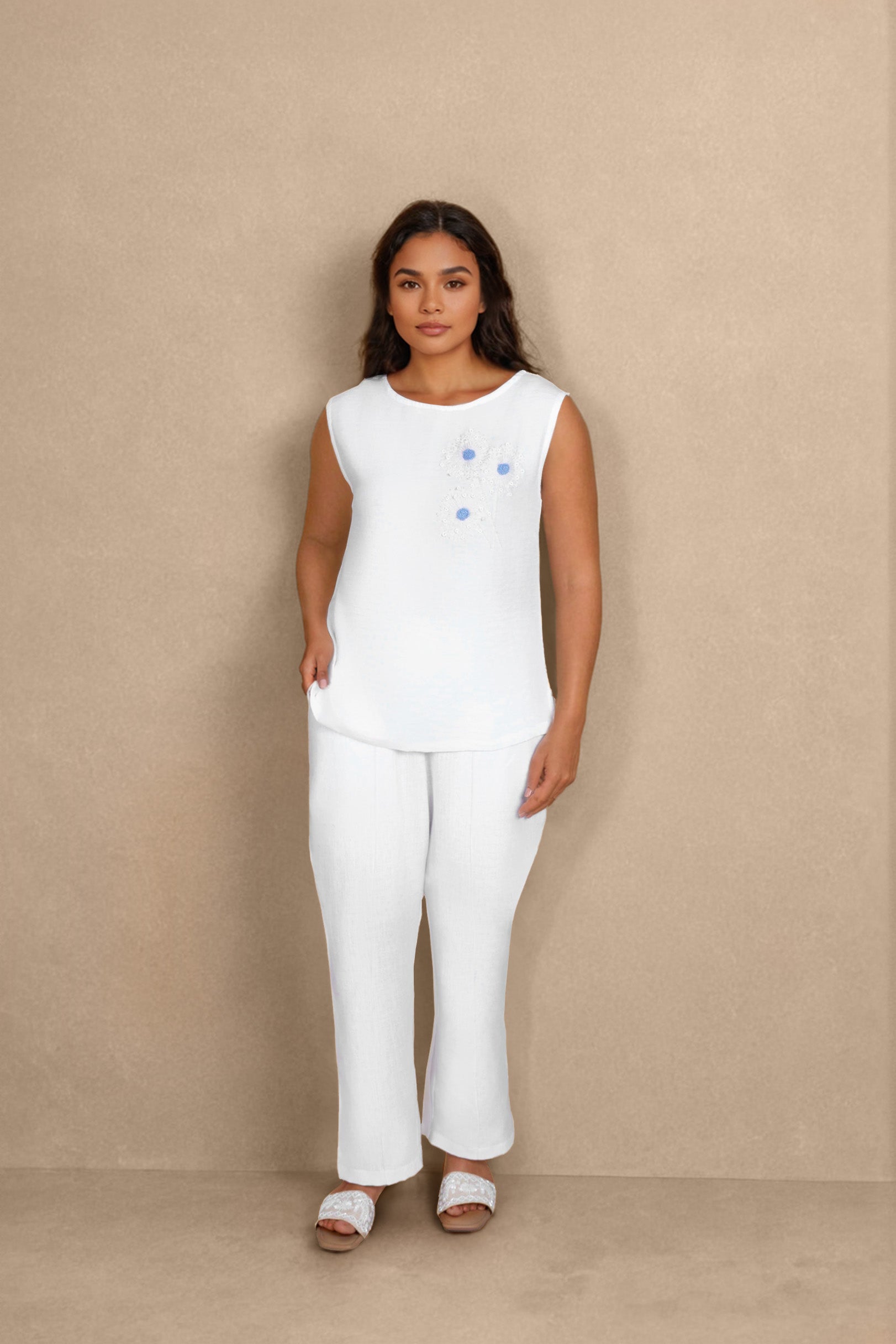 White Linen Co-ord Set with Blue Dandelion Embroidery