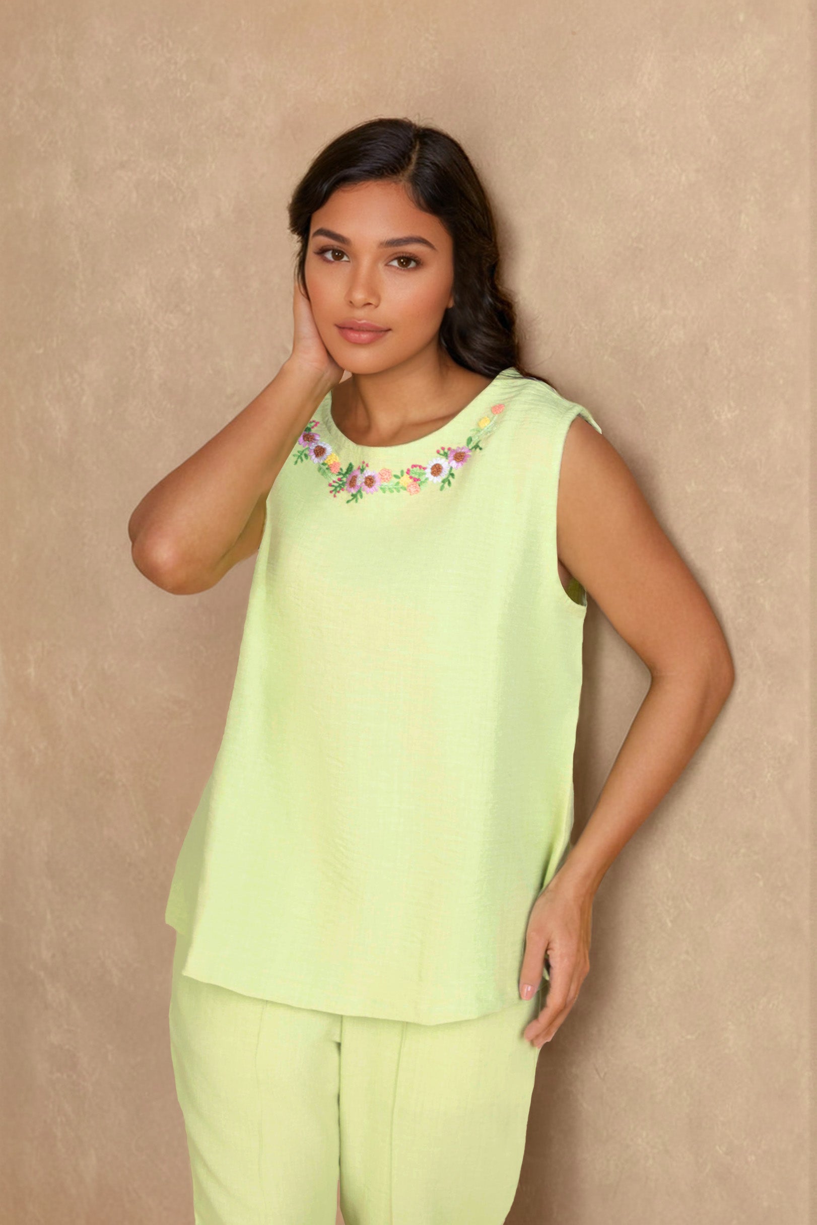 Lime Green Linen Co-ord Set with Neckline Floral Embroidery