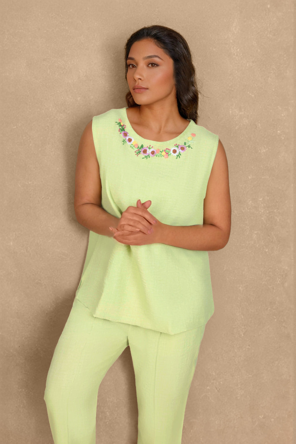Lime Green Linen Co-ord Set with Neckline Floral Embroidery